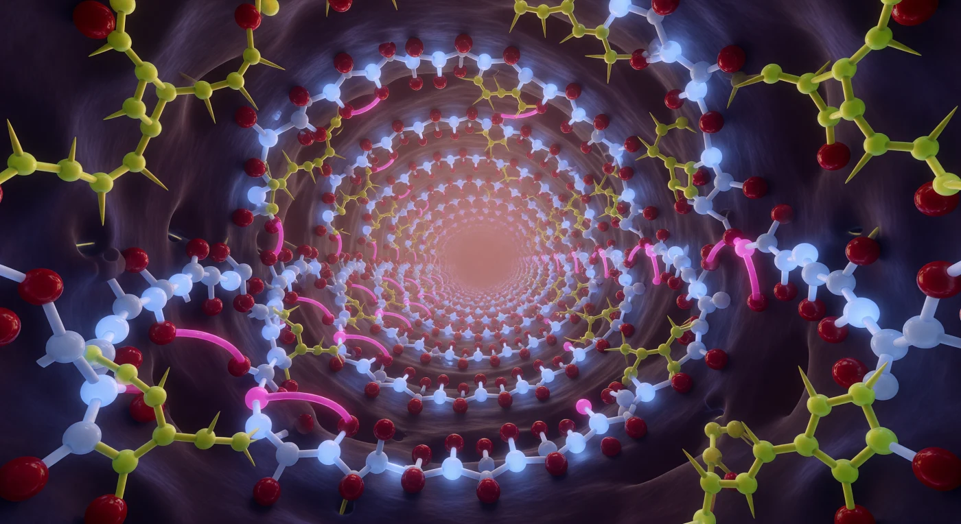You are floating along the central axis of a protein α-helix, suspended in a dense amber solvent that blurs the most distant turns into warm rose-gold haze — each backbone turn spanning roughly 5.4 Ångströms in pitch, the full structure uncoiling through some thirty repeating units ahead of you before curving out of sight. The spiral wall around you is an architectural record of quantum mechanical precision: deep-crimson carbonyl oxygens and pale backbone nitrogens lock together in hydrogen bonds bridging every fourth residue at a distance of just 2.06 Å, the stored electrostatic energy of each bridge bleeding a faint magenta luminescence into the turbid medium, while the covalent bonds themselves radiate cool blue-white electron density wherever orbital overlap is densest. Projecting outward from this backbone scaffold, leucine and isoleucine side chains thrust toward you like crystalline yellow-green thorns, their branching tetrahedral carbon geometries repelling the aqueous medium with hydrophobic surfaces that leave a thin dry shimmer in the surrounding solvent — an arrangement not accidental but shaped by billions of years of evolutionary pressure toward the compactly folded, thermodynamically stable helix you now inhabit. The entire structure trembles imperceptibly at picosecond timescales, each atom mid-oscillation, every hydrogen bond forming and breaking in a rhythm too fast for any clock but the molecule's own, yet the architecture persists — a self-reinforcing spiral of geometry, charge, and thermal motion that is simultaneously alien in its submicroscopic exactness and overwhelmingly, viscerally present.