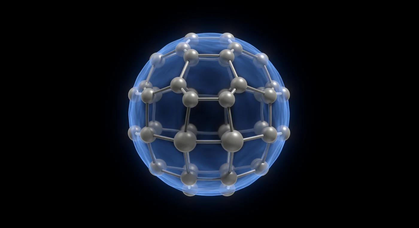 You are suspended in absolute vacuum at a distance most instruments cannot meaningfully express, locked in a slow orbital arc over the equatorial band of a single C₆₀ fullerene — a hollow geodesic sphere of sixty carbon atoms arranged in the precise truncated-icosahedron geometry shared, improbably, with a soccer ball. Each carbon nucleus presents as a rounded, warm-platinum sphere softly hazed at its margins by its own electron probability cloud, and the bonds between them are visibly differentiated: the shorter, higher-bond-order 6-6 junctions between adjacent hexagons glow white-gold and pinch tight between their paired nuclei, while the longer 5-6 bonds across pentagon-hexagon boundaries spread their shared electron density thinner, dimmer, grayer. Over and through all of this runs the π-electron system — a continuous electric-blue luminescent shell coating the outer surface like bioluminescent membrane, glowing richest over the aromatic hexagonal faces, fading slightly over the pentagons, and curving inward to line the hollow interior with a mirrored inner haze, the whole structure behaving simultaneously as solid geometry and translucent lantern. Against a vacuum that is not merely dark but ontologically empty — quantum-black, textureless, broken only by the attosecond flicker of virtual fluctuations at the edge of perception — this thirty-carbon-diameter cathedral of delocalized electrons is the only illumination in existence, ancient in its geometric perfection, vibrating at frequencies too fine to feel, absolutely still in this frozen instant.