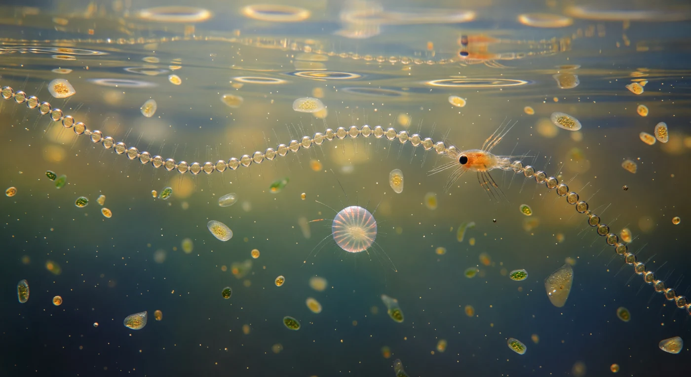 Before you floats a two-millimeter sphere of living glass — a cydippid ctenophore larva so optically matched to the surrounding seawater that it registers less as a body than as a subtle warping of the dawn light filtering down through the surface microlayer, its presence betrayed only by faint prismatic sweeps of rose and violet as eight rudimentary comb rows beat their metachronal rhythms, each plate a fusion of thousands of cilia whose coordinated strokes will, in time, make this animal one of the ocean's most efficient gelatinous predators. The larva is built almost entirely of mesoglea — a viscoelastic extracellular matrix of collagen and glycoproteins whose refractive index so closely matches seawater that transparency is not camouflage but simply the consequence of being mostly structured water, while two hairlike tentacles already extend outward, their adhesive colloblast tips sampling a surrounding medium that is far from empty. Drifting past at what feels like chest height is a chain of Chaetoceros diatoms, each silica frustule a faceted amber lantern many times the larva's own diameter, their long hyaline spines scattering slanted dawn photons into prismatic needles; beyond them, an orange copepod nauplius strokes methodically through the suspension on three pairs of appendages, its single eyespot a bead of obsidian, its carapace burning copper in the diffuse surface glow. This is the ocean's dawn plankton world — a dense, three-dimensional cathedral of living particles, marine snow aggregates, and shifting caustic light where the larva hangs at the exact luminous boundary between the lit surface and the darkening deep, already alive and already hunting.