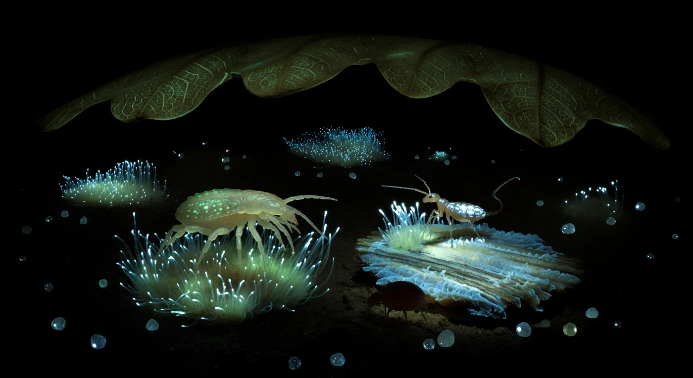 Im absoluten Dunkel des Waldbodens, auf einer Höhe von einem halben Millimeter, existiert eine Welt, die ausschließlich durch kaltes Biolumineszenzlicht definiert wird: Myzel-Matten aus Mycena-artigen Hyphen — zarte, 8 bis 10 Mikrometer breite Fäden — glühen in einem gedämpften Blaugrün, das an den wachsenden Spitzen fast weiß-blau aufflackert und sich in den dichteren Kolonien zu stillen Lichtlachen auf dem Erdboden sammelt, die ihrerseits die Unterseiten verrottender Eichenblattfragmente in spektralem Bernstein-Grün erhellen. Vor dieser einzigen Lichtquelle bewegt sich eine räuberische Mesostigmata-Milbe — ihr ledrig-cremefarbener Körper von etwa 600 Mikrometern Länge — mit ruckartiger Präzision über eine leuchtende Hyphen-Matte, ihr sklerotisierter Opisthonotalschild fängt grüne Reflexlichter, die mit jedem Beinschlag aufblitzen und vergehen, während ihr verlängertes Gnathosoma tastend in die Dunkelheit zwischen zwei hellen Hyphen greift. Ein Entomobryomorpher Springschwanz — 1,5 Millimeter segmentierter Eleganz — überquert für einen einzigen eingefrorenen Augenblick den hellsten Myzelknoten: seine übereinanderliegenden Schuppen entfachen sich in blauweißem Feuer, jede einzelne ein facettierter Spiegel, die Antennen werfen lange Schatten zurück über den Lichtteich darunter — und dann tritt er vom Mattenrand und verschwindet absolut in das umgebende Schwarz, als hätte er nie existiert. Tiefe entsteht in dieser Welt nicht durch atmosphärische Streuung, sondern durch das bloße Erlöschen des Lichts: schon zwei oder drei Körperlängen jenseits der hellsten Hyphen herrscht reine Silhouette, und dahinter — nichts als bewohntes, druckvolles Dunkel.
