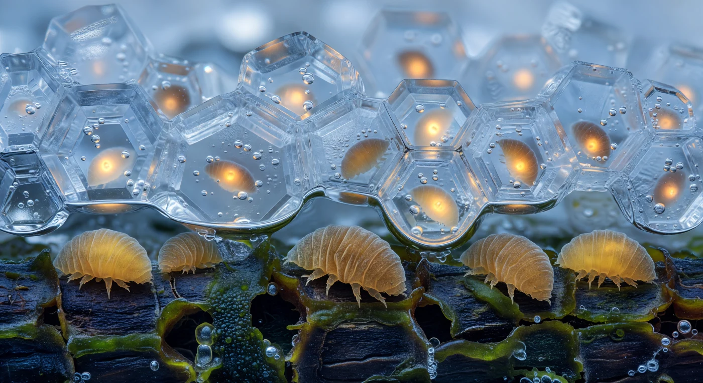 Die Welt vor dir ist eine Kathedrale aus optischem Glas und arktischer Stille. Hexagonale Eiskristallfronten schieben sich wie langsame transparente Lawinen durch das Bildfeld — jede Fläche makellos flach, an ihren Rändern das blau-weiße Polarlicht zu schwachen prismatischen Höfen brechend, während dünne Wasserfilme wie zitternde Membranen aus flüssigem Quecksilber zwischen Kristallgitter und Mooszellwand eingeklemmt werden und Molekül für Molekül in das Eis übergehen. Du selbst — ein bernsteinfarbenes, halbdurchsichtiges Tönnchen kaum größer als ein Pollenkorn, Beine eingezogen, Kutikula in enge Falten gedrückt — lehnst gegen die dunkle, geriefelte Rinde eines Bryophytenstämmchens, das wie ein basaltisches Gebirge in den Mittelgrund aufsteigt. Die Kryobiose ist kein plötzliches Ereignis, sondern eine langsame Kapitulation: dein Körper verdrängt Wasser durch Trehalose, versiegelt Membranen, drosselt jeden Stoffwechselprozess auf ein messbares Nichts — Anhydrobiose und Kryobiose greifen ineinander wie die Zähne zweier Uhrenräder, die zusammen die Zeit selbst anhalten. Tiefer im Eis leuchten andere Tuns als warme Einschlüsse durch die Kristallwände — bernsteinfarbene Glut in einem achromatischen blau-weißen Universum, jedes winzige Tier ein versiegeltes Archiv des Lebens, eingemauert in eine Stille, die ein kristallines Gewicht trägt.