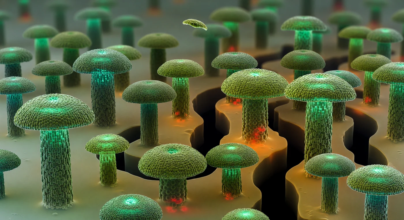 Der Blick fällt aus wenigen Mikrometern Höhe auf eine lautlose Metropolis, die nicht gebaut, sondern gewachsen ist: pilzförmige Mikrokolonie-Türme aus *Pseudomonas*-Zellen ragen in jadegrünem GFP-Leuchten empor, ihre gewölbten Oberflächen dicht mit einzelnen stäbchenförmigen Bakterien gepflastert, deren olivgrüne Körper sich wie Kacheln einer Kuppel aneinanderpressen. Zwischen den Türmen ziehen tintenschwarze Wasserkanäle mit hydraulischer Präzision hindurch – vom Strömungsdruck freigespülte Bahnen, die das lebende Gewebe in Quartiere gliedern und ein Flusssystem im Maßstab von Zehnteln eines Menschenhaares bilden. Das Zwischenraum-Gel aus extrazellulären Polysacchariden füllt die Lücken als bernsteinfarbene, leicht trübe Masse, in deren Tiefe ein warmes Orangeleuchten der Autofluoreszenz schwelt wie Glut unter grünem Blätterdach. Ganz unten, in den sauerstoffarmen Basalschichten reifer Türme, verraten verstreute Propidiumiodid-rote Signale abgestorbene Zellen, deren Membranen dem hypoxischen Schatten der eigenen Kolonie erlegen sind – korallrote Schlieren, durch die semitransparente Matrix hindurch sichtbar wie Feuer unter Eis. Die gesamte Szene dehnt sich zu einem Horizont, der in Zehnteln von Millimeterbruchteilen gemessen wird, und ist dabei so dicht, feucht und lebendig, als hätte eine Stadt beschlossen, aus sich selbst heraus zu wachsen.