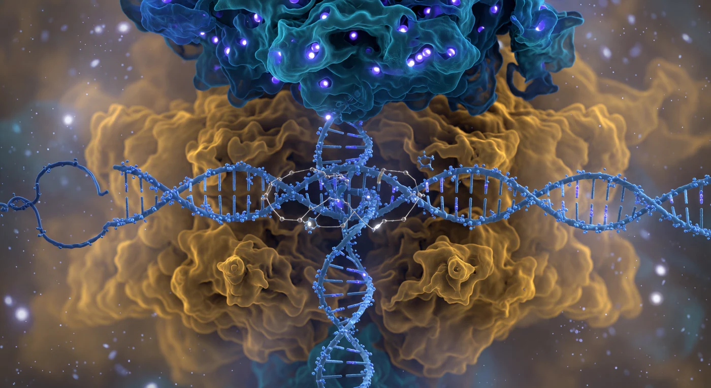 Fünf Nanometer vor dem Cas9-Komplex füllt eine gewaltige, zweilappige Proteinskulptur das gesamte Gesichtsfeld — eine lebendige Klippe aus gefalteten Polypeptidketten, deren Erkennungslobus wie ein Gewölbe aus Kobaltblau und tiefem Türkis überhängt, während der warme Bernstein-Ocker des Nukleaselappus sich darunter vorwölbt, seine Oberfläche stets leicht diffus, da die Grenze zwischen Molekül und Lösungsmittel nicht scharf gezogen, sondern elektrostatisch ausgehandelt ist. Zwischen beiden Lappen eingeklemmt dreht sich die B-Form-Doppelhelix wie ein Pfeiler aus getriebenem Eis, die negativ geladenen Phosphatgruppen leuchtend violett pulsierend, während eine dichte Wolke geordneter Wassermoleküle sich zitternd an den Rückgrat schmiegt. Die einzelne Führ-RNA schneidet als elektrisch-cyanfarbener Faden durch diesen Raum, ihre 2′-OH-Gruppen wie kleine Häkchen abstehend; an drei Stellen haben sich bereits R-Schleifen-Brücken gebildet, die Goldweiß schimmernden Wasserstoffbindungen ziehen sgRNA und Matrizenstrang mit einer fühlbaren elektrostatischen Spannung zusammen, als würden zwei komplementäre Schlösser einschnappen. In der Tiefe des katalytischen Spalts markieren zwei blendend weiße Magnesium-Ionen die aktiven Zentren von HNH und RuvC, jedes in einem präzisen oktaedrischen Käfig koordinierender Sauerstoffatome gefangen, während rechts die Arginin-Seitenketten des PAM-interagierenden Domäne wie Kupferpaddles in die kleine Furche des NGG-Trinukleotids greifen und die lokale Helixgeometrie unmerklich entrollen — das ganze Ensemble schwimmt in einem phosphoreszierenden thermischen Ozean ständiger Brownscher Kollisionen, der keine Stille kennt.