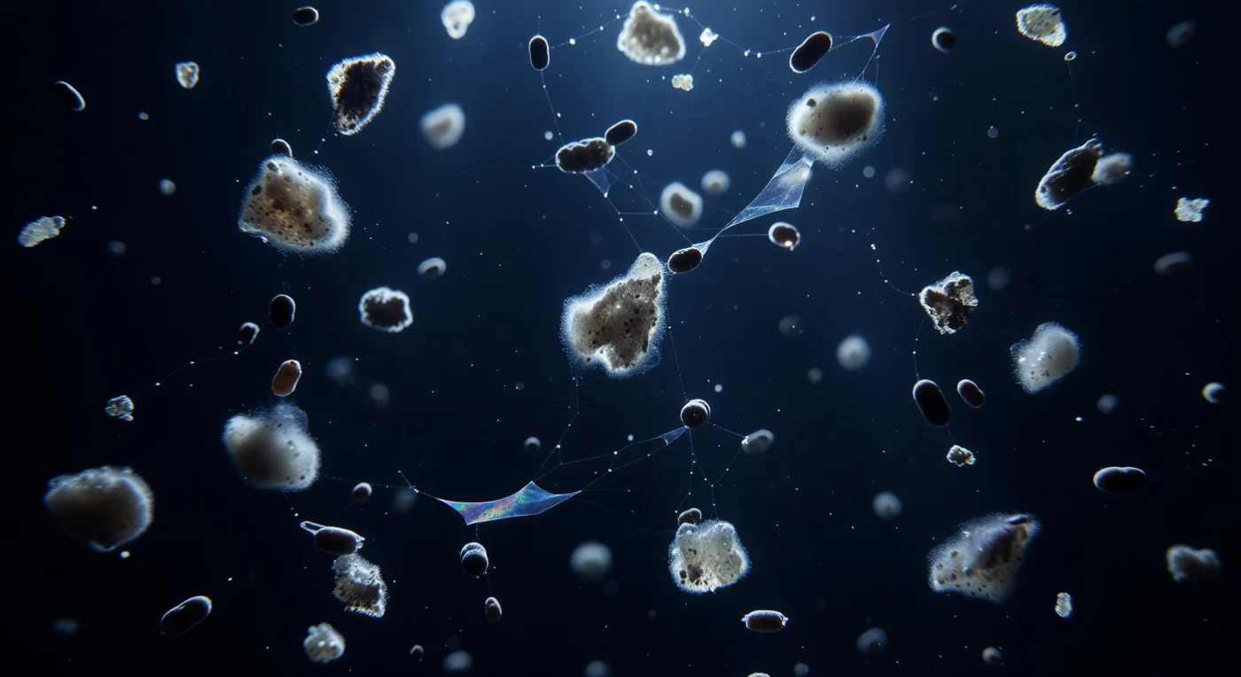 Im tiefblauen Dunkel in 200 Metern Tiefe zieht eine stumme Prozession herab: wattige, grau-braune Aggregate aus zerschellten Coccolithen, toten Kieselalgenschalen, Schleimfäden und verdautem Zellmaterial treiben in äußerster Zeitlupe abwärts, jede Flocke von den letzten gedämpften Photonen aus der euphotischen Zone in ein kühles, blau-weißes Schimmern gehüllt, da die eingebetteten Kalzitplättchen das Restlicht zwischen 450 und 490 Nanometern zurückwerfen. Zwischen diesen Wolkenfetzen organischer Erinnerung schießen dunkelbraune, zylindrische Kotpillen weitaus schneller und gerader hinab, dicht und wächsern, als hätten sie die Schwerkraft effizienter begriffen als ihre porösen Nachbarn. Fast unsichtbar verbinden TEP – transparente Exopolymerpartikel, ausgeschieden von Algen und Bakterien – die Aggregate in zitternden Schleiernetzen, die sich nur an ihren Rändern als irisierender Hauch verraten, eine kollabierte Seifenblasenarchitektur zwischen dem Treibgut. Diese biologische Pumpe, die seit Hunderten von Millionen Jahren kohlenstoffreiches Material in die Tiefe befördert und in Sedimenten wie den Kreidefelsen von Dover archiviert, vollzieht sich hier als lautloses, gravitätisches Schneien – der Ozean schreibt seinen Kohlenstoffhaushalt Flocke für Flocke in die ewige Dunkelheit.