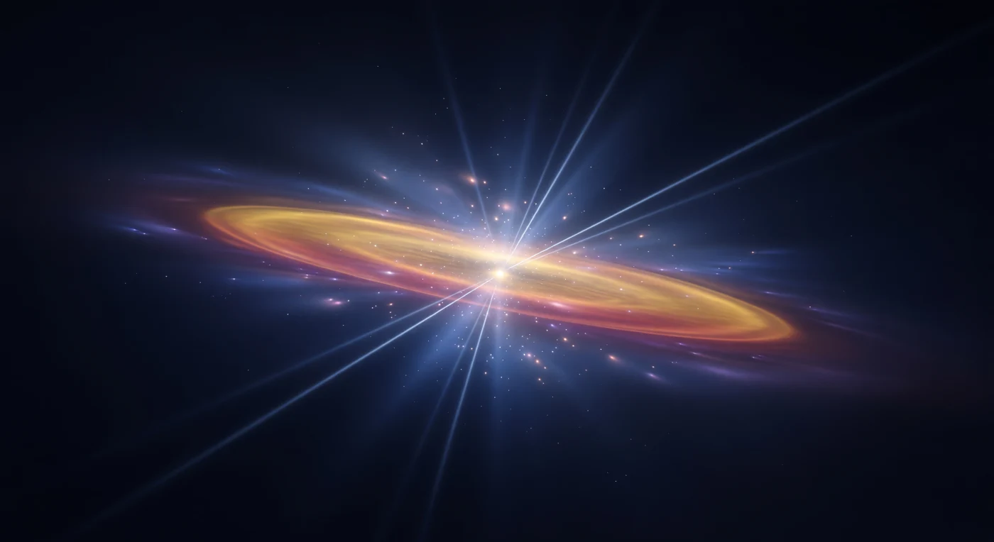 In der absoluten Stille eines mathematischen Punktes stehst du im Zentrum eines Ereignisses, das für eine Attosekunde lang der hellste Ort deines Universums ist: Von links und rechts nähern sich zwei gewaltige, zu Scheiben gepresste Lichtmembranen aus bernstein-violetter Leuchtkraft, ihre relativistisch kontrahierten Wahrscheinlichkeitsdichten von überwältigender lateraler Präsenz, ihre Oberflächen von feinen Interferenzstreifen durchzogen wie Hitzeflimmern über einer Wüstenstraße. Das Vakuum zwischen ihnen ist nicht dunkel, sondern pulsiert mit dem elektromagnetischen Druck ihrer Annäherung, bis das Kollisionsfeld in blendend-weißes Gold aufbricht — ein gehaltener Atemzug aus reiner Inkandeszenz, dessen Kern zu hell ist, um aufgelöst zu werden, umgeben von einem sich ausdehnenden Halo aus geschmolzenem Amber, der durch Kupfer und Rosa in ein tiefes Karmesinrot übergeht. Aus diesem Vertex strahlen schmale, kühle Bremsstrahlung-Lichtsäulen wie Wintermondlicht in die umgebende Schwärze hinaus — präzise, unveränderlich, ihre Kanten scharf gegen das Dunkel — während das goldene Restglühen am Vertex langsam verebbt wie die Nachglut eines Schweißlichtbogens. Das Vakuum selbst, kurzzeitig von virtuellen Teilchenpaaren belebt, die als blasse irisisierende Aufblitze aus Rose und Violett aufflackern und sofort wieder vergehen, kehrt träge in seinen Grundzustand zurück — eine texturierte Leere aus tiefen Blau- und Violettgradienten, die niemals wirklich leer war.