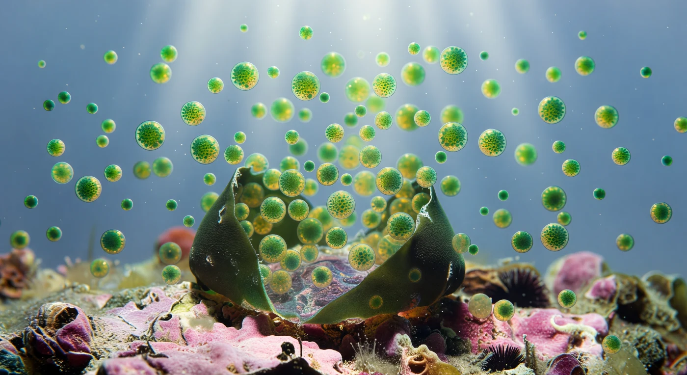 Der Blick fällt mitten in eine Katastrophe, die sich in Zeitlupe entfaltet: Zehn Zentimeter über dem Riffboden hängt die eingerissene Hülle einer geplatzten *Ventricaria ventricosa* über einem Klumpen korallinischer Rubble wie das zusammengebrochene Zelt einer einzigen, zerstörten Zelle – eine ledrig-glänzende Membran aus mehrlagigen Cellulosemikrofibrillen, irisierend im schräg einfallenden Tropenlicht, die Ränder nach innen eingerollt und noch feucht vom entweichenden Zellsaft. Aus ihrem Inneren ergießt sich eine langsam treibende Konstellation von Tochterprotoplasten – jeder ein nahezu perfekter Kugelkörper zwischen Sandkorn- und Pfefferkornformat, dicht gepackt mit Chloroplasten, die jeden Sphere smaragdgrün im Kern und zitrinfarbig golden am Rand leuchten lassen, wo das Sonnenlicht durch die dünne Cytoplasmahülle bricht. Die nächstgelegenen Protoplasten sind scharf und fast greifbar nah, ihre Oberflächen zeigen ein körniges, wie Kopfsteinpflaster hinter Mattglas wirkendes Mosaik der darunter liegenden Chloroplasten; weiter hinten lösen sie sich in glühende grün-goldene Punkte auf, wie eine Nebula aus biolumineszenten Funken gegen das helle Preußischblau des offenen Wassers. Was sich hier abspielt, ist biologisch eine reproduktive Strategie – die explosive Fragmentierung eines Rieseneinzellers in Hunderte autonome Tochterzellen, von denen jede, sollte sie sich auf dem Riff niederlassen, ein vollständiger neuer Organismus werden kann –, doch die radiale Geometrie der Ausbreitung und die schiere Zahl der gleißenden Kugeln verleihen dem Ganzen das Wesen einer botanischen Supernova, einer grünen Sternenexplosion, die sich im Maßstab eines einzigen Atemzugs entfaltet.