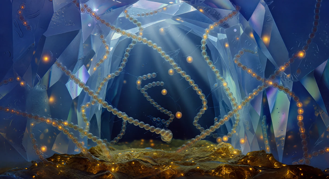 Der Blick öffnet sich in den Innenraum eines schmalen Kanals, der durch das antarktische Meereis schneidet – die Wände steigen wie facettiertes Polarglas um den Betrachter auf, tiefblau leuchtend im Kern, aquamarinfarbig ausblassend, wo winzige Eiskristalleinschlüsse das von oben herabsickernde, stark gedämpfte Licht brechen und in Keile aus Cyan, Silber und blassem Violett zerspalten. Die hyperhaline Sole, die diesen Kanal füllt, ist leicht viskos und trägt einen bernsteinfarbenen Schimmer aus gelöstem organischem Material, der jedem Lichtstrahl eine schwere, prismatische Qualität verleiht. Durch diese Flüssigkeit driften Ketten von *Fragilariopsis cylindrus* – acht Mikrometer lange Siliziumdioxid-Zylinder, aneinandergereiht wie transparente Perlenschnüre, deren fucoxanthinreiche Chloroplasten wie zusammengepresste Glut in Bernsteingold hinter den gläsernen Frustulenwänden brennen, umhüllt von kaum sichtbaren antigefrierenden EPS-Gelscheiden, die sich wie Atemhauch auf kaltem Glas um jede Kette legen. Den Boden des Kanals bedeckt eine dichte, dunkelgoldbraune Lage abgesunkener Diatomeenbiomasse – eine lebende Matte aus abgelagerten Zellen in der Farbe alten Bernsteinharzes, durchzogen von einzelnen, noch photosynthetisch aktiven Chloroplasten, die wie Lichtfunken in der Tiefe des polaren Winters glühen.