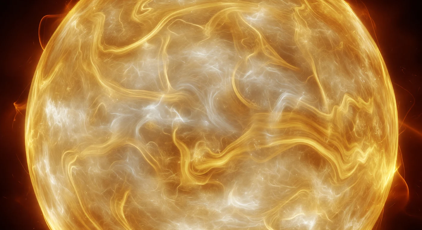 Der Blick vers die gekrümmte Innenwand zeigt eine glühende Sphäre aus weiß-goldenem Licht, in der keine Schatten existieren, weil das Medium selbst aus ständig neu entstehender Strahlung und extrem heißer Quark-Gluon-Materie besteht. Dunkel-bernsteinfarbene Strömungslinien ziehen sich durch die Helligkeit und ordnen sich zu langsamen, kohärenten Wirbeln, die den kollektiven elliptischen Fluss des Plasmas sichtbar machen. Zur Grenze hin kippt das Leuchten von blassem Weiß über Gold zu Orangebraun, bis eine scharf rot-orange Schockschale den Beginn der Hadronisierung markiert, wo die frei bewegten Farbladungen wieder zu gebundenen Teilchen zerfallen. Trotz der winzigen Ausdehnung wirkt der Raum ungeheuer weit und zugleich dicht, als stünde man in einem fast sternartigen Inneren, das in wenigen Femtometern den Übergang von höchster Energie zu materieller Ordnung vollzieht.