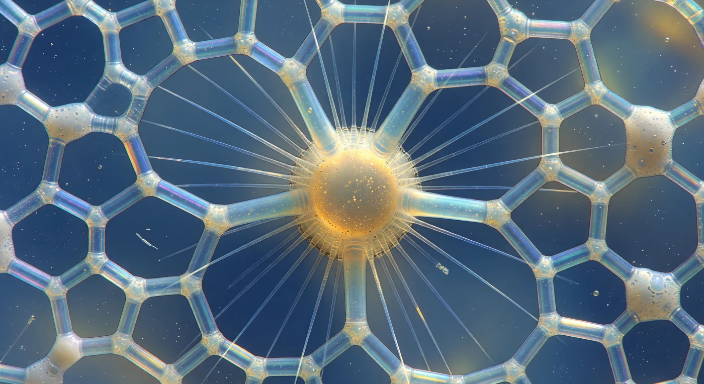 Die Welt, die sich vor dir entfaltet, ist eine aus reinem Mineralgehäuse gebaute Kathedrale: ein perfekt gefertigtes Gitterwerk aus amorphem Opal-Silizium, dessen einzelne Streben kaum zwei Mikrometer dick sind und dennoch das diffuse blaugrüne Tiefseelicht in schillernde Interferenzfarben zerlegen — violett an den spitzen Winkeln, kobaltblau entlang der breiten Balken, warmgolden an den verdickten Knotenpunkten. Jede hexagonale und pentagonale Pore ist ein Fenster in den offenen Ozean dahinter, und durch diese Öffnungen treibt gelegentlich ein Bakterium, das sich taumelnd um seine eigene Achse dreht und damit das wahre Ausmaß dieser Architektur unwillkürlich bezeugt. Dies ist das Skelett eines polyzystinen Radiolariers, eines einzelligen Organismus, der sein Silikatgehäuse durch biologische Selbstorganisation mit mathematischer Präzision aufbaut und darin Strontiumsulfat-Kristalle als Ballast sowie Lipidtröpfchen als Auftriebsreserve speichert. Vom zentralen Kapselmembran aus strahlen die Axopodien — steife, lichtbrechende Zytoplasmafortsätze, gestützt durch ein Axonem aus parallel angeordneten Mikrotubuli — wie kristallene Nadeln in alle Richtungen, während zwischen den äußersten Skelettspitzen ein unregelmäßiger Saum vakuolisierten Ektoplasmaplasmas haftet, dessen winzige Bläschen die Interferenzfarben des Gitters zu flüchtigen Lichtpunkten bündeln und wieder auflösen.