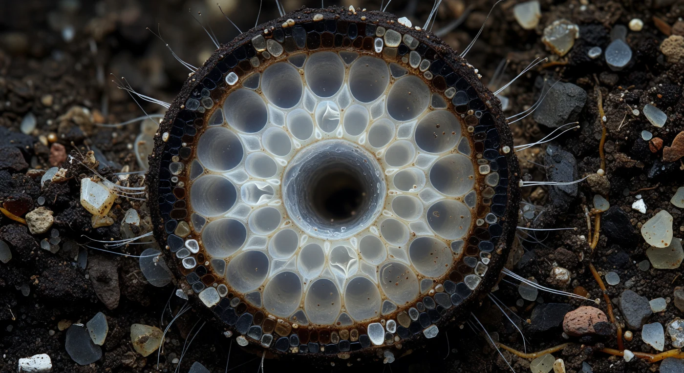 Vor dir wölbt sich der Querschnitt eines Rhizomorphen wie der freigelegte Grundriss eines vergrabenen Kabels – ein biologisch konstruiertes Rohr von 1,5 Millimetern Durchmesser, das in völliger Bodenfinsternis liegt und dennoch eine innere Architektur von erstaunlicher Präzision trägt. Der äußere Rand besteht aus melanisierten Zellen, deren Wände so dicht mit dunkelbraunem Schutzpigment durchsetzt sind, dass sie schwarzem Obsidian gleichen – eine biologische Rüstung, die Feuchtigkeit reguliert, mechanischen Druck abfedert und chemischen Angriff durch Bodenmikroorganismen abwehrt. Darunter öffnet sich die Medulla in eine Reihe großlumiger, dünnwandiger Leitungszellen, deren weite, mit Vakuolen gefüllte Innenräume den Ferntransport von Wasser, Zuckern und Stickstoffverbindungen zwischen Baumwurzel und äußerem Myzel ermöglichen – ein Versorgungsstrom, der sich unsichtbar und kontinuierlich durch den Boden zieht. Im axialen Kanal im Inneren der Struktur sammelt sich kondensiertes Wasser als feiner Feuchtigkeitsfilm, während nach außen hin feine Satellithyphen zwischen Quarzkörnern und organischen Partikelfilmen verschwinden, als versenkten sich Glasfasern in die Erde – unsichtbare Verbindungsleitungen eines Netzwerks, das ganze Baumgemeinschaften ernährt.