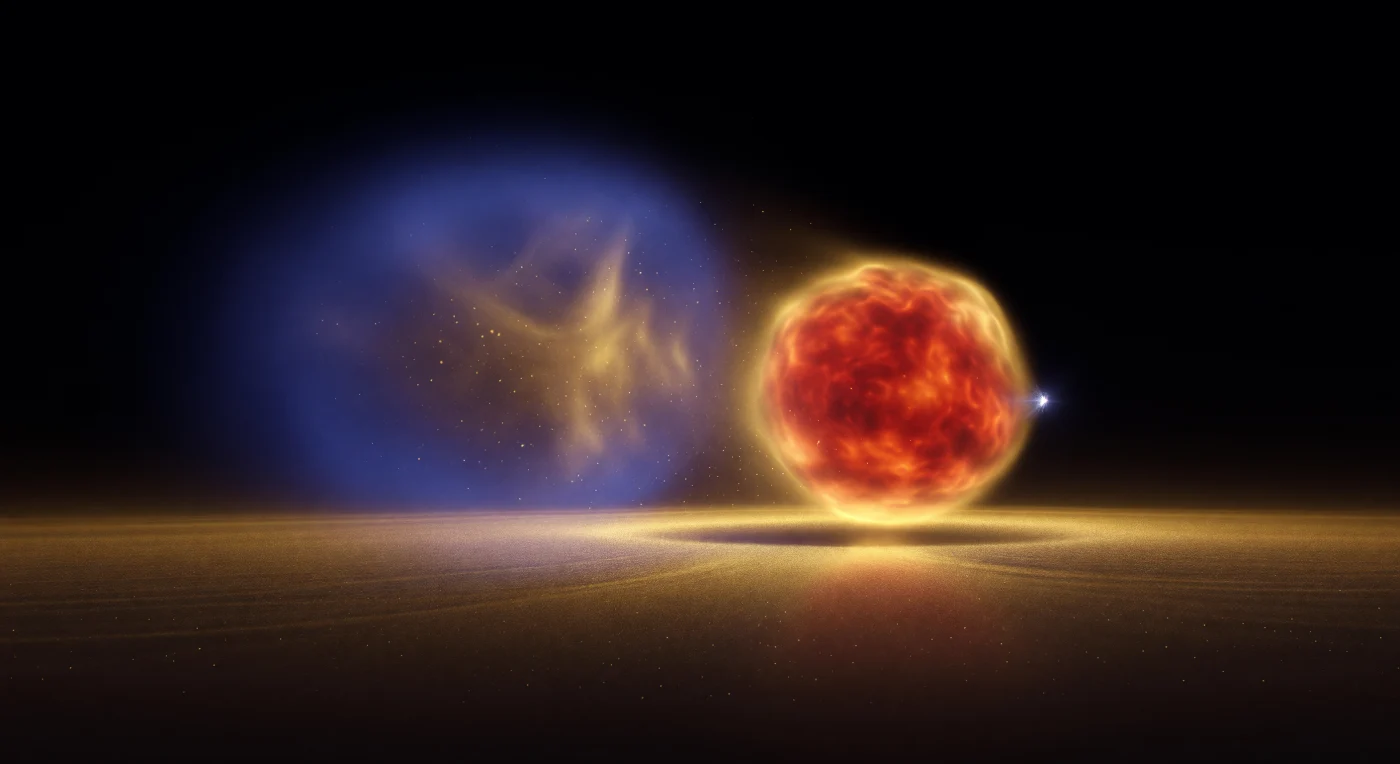 Der Blick fällt auf einen winzigen Knoten bläulich-violetter Quarkfeld-Energie, der sich im Moment der Flavour-Transmutation in ein wärmeres Blau-Gold verschiebt, als würde Identität selbst für einen Augenblick umgefärbt. Aus dieser Umwandlung löst sich eine dichte rot-bernsteinfarbene Kugel, der kurzlebige W⁻-Boson-Puls, dessen Existenz nur für einen kaum fassbaren Augenblick reicht, ehe er nach außen zerreißt. An seiner Stelle springt ein scharfes blauweißes Elektron auf, während das zugehörige Antineutrino unsichtbar bleibt und nur als flüchtige Delle im bernsteinfarbenen Feldgewebe erkennbar wird. Alles geschieht vor einer nahezu absoluten Schwärze, in der die glühenden Feldstrukturen wie eine ganze physikalische Welt in extremer Vergrößerung wirken: kein fester Boden, nur Vakuum, Dynamik und die nackte Architektur der Wechselwirkung.