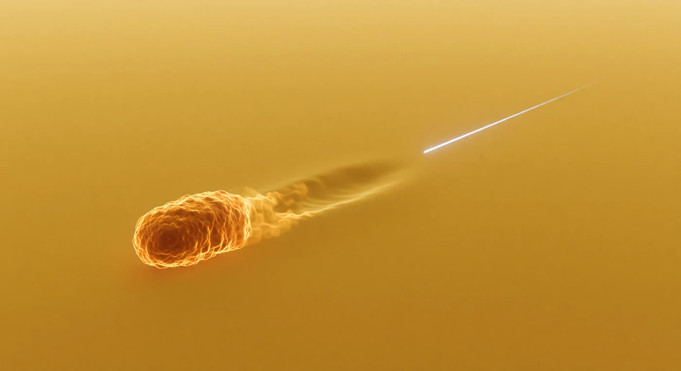 Der Blick fällt in eine allgegenwärtige, samtig goldene Leere, die nicht von einer Quelle beleuchtet wird, sondern selbst das Medium ist: ein homogenes Higgs-Feld ohne Horizont, ohne Kante, ohne Schatten. Links drängt sich ein kompakter orangefarbener Quantenknoten voran, der top-Quark-Zustand, dessen große Masse sich als zähes Vorankommen und als flache, weich auslaufende Delle im goldenen Grund zeigt. Aus entgegengesetzter Richtung schneidet ein hauchdünner weiß-silberner Lichtfaden durch denselben Raum, der Photonenzug, und hinter ihm bleibt das goldene Feld vollkommen unberührt. So wird die Szene zu einer anschaulichen Metapher für Kopplung und Massenerwerb: das eine Teilchen ringt mit dem Higgs-Medium und hinterlässt eine Wake, das andere gleitet masselos hindurch, als wäre das Feld für es nicht vorhanden.