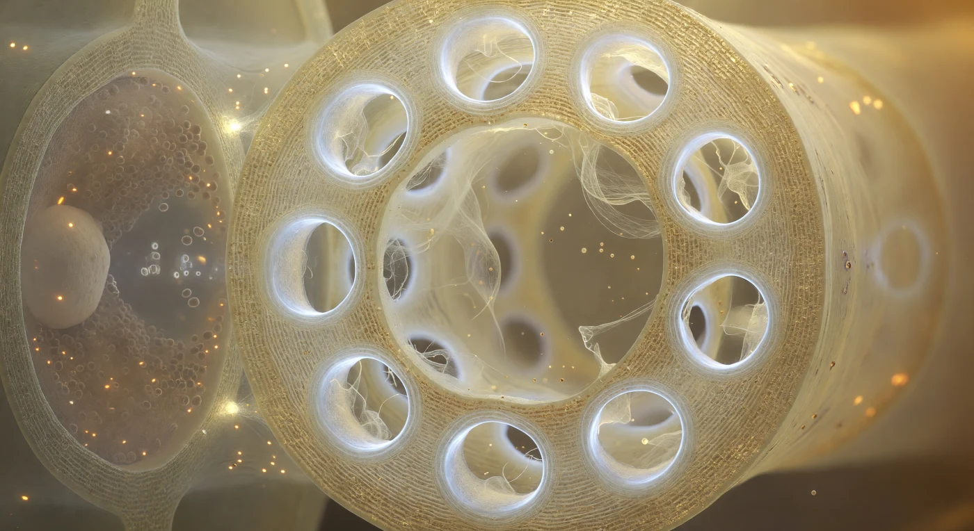 Aus dem Inneren des lebenden Siebröhrengliedes blickt man auf eine Querwand, die das gesamte Gesichtsfeld ausfüllt wie das Rosettenfenster einer Kathedrale — eine dreimicrometer starke Scheidewand aus Cellulose, golden-transparent wie gealterte Bernstein, durchbrochen von zwölf kreisrunden Poren, jede umfasst von einem milchweiß leuchtenden Callosekragen aus dicht gestapelten Biopolymerlamellen, die das Licht des Lumens zerstreuen und kühle, leicht bläuliche Höfe um jede Öffnung zeichnen. Durch diese zwölf Portale treiben P-Protein-Filamente als durchscheinende, cremefarbene Schleier, kaum breiter als ein Bruchteil eines Mikrometers, sanft hin und her schwingend im nahezu unsichtbaren Strom des Phloemsafts, der mit einer Geschwindigkeit von rund einem Meter pro Stunde durch das kolloidale System transportiert — ein Massenfluss, der durch osmotische Druckdifferenzen zwischen Quellorgan und Verbrauchsgewebe angetrieben wird. Links, hinter der dünnen gemeinsamen Lateralwand, drückt sich die Begleitzelle wie ein dunkles, organellengesättigtes Nebenzimmer heran: ihr Zytoplasma fast undurchdringlich von Mitochondrien, Ribosomen und endoplasmatischem Retikulum, ihr blasser Zellkern wie ein Flussstein in braungrauer Dichte, mit dem Siebröhrenglied durch zahlreiche Plasmodesmata verbunden, jene winzigen Lichtpünktchen in der Trennwand, über die Proteine, ATP und Signalmoleküle ausgetauscht werden und ohne die das kernlose Siebröhrenglied nicht funktionsfähig wäre.