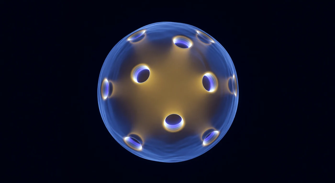 Vor dem Beobachter schwebt ein Objekt, das an nichts erinnert, was im gewöhnlichen Raum existiert: eine fast kugelförmige Form aus tiefem Elektroblau, ihr Bauch glatt wie poliertes Glacialeis, durchbrochen von acht kreisrunden Hälsen, die sich mit konzentriertem, weißglühendem Leuchten in angrenzende Brillouin-Zonen hineinbohren. Dies ist die Fermi-Fläche des Kupfers, dargestellt im Impulsraum — keine physische Oberfläche, sondern eine topologische Grenze, die im reziproken Gitter existiert und alle Elektronen von den unbesetzten Zuständen trennt, wobei die acht Hälse der kubisch-flächenzentrierten Symmetrie des Kristalls entspringen und die ungewöhnlich hohe elektrische Leitfähigkeit des Metalls maßgeblich bestimmen. Durch die durchscheinende blaue Hülle hindurch strahlt das Innere ein warmes Bernstein-Gold aus — das Fermi-Meer der besetzten Impulszustände, dicht gepackt und träge, während die äußere Dunkelheit absolut und merkmallos bleibt, denn dieser Raum kennt keine Koordinaten, keine Entfernung, keine Materie. Die Wärme des Goldes und die Kälte des Blaus begegnen sich an den Halsöffnungen in einem schmalen grünlich-weißen Leuchtband, das die topologische Spannung verrät, an der Elektronen ihre Energie und Richtung verlieren oder gewinnen — eine Grenze, die keine Substanz hat, und dennoch alles bestimmt.