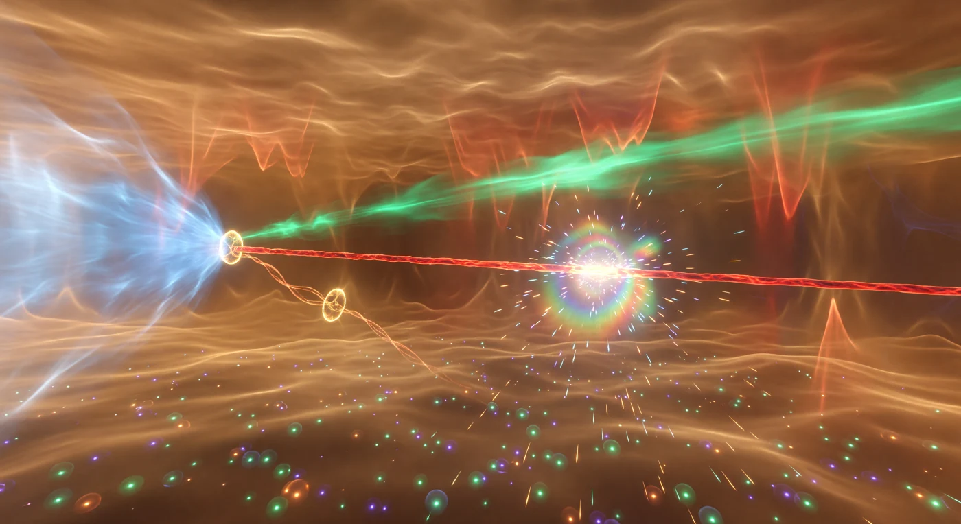Inside the proton, the viewer sees a turbulent amber-and-copper sea of gluon fields, threaded by translucent veils of confinement and filled with flickering virtual pairs that appear and vanish like sparks in dark water. A blue-white electromagnetic front slams in from the left, couples through a golden virtual photon to one valence quark, and hurls it away as a blazing emerald jet while a crimson flux tube stretches behind it under the tension of color confinement. That string then snaps in a white flash, converting stored field energy into a spray of multicolored pions that fan outward through the haze, while the two remaining quarks gather and re-braid their bonds in the warm glow behind the scatter point. The whole event feels less like an object breaking than a brief, violent rearrangement of fields within a living interior, where distances are measured in ripples of color and every structure is made of energy in motion.