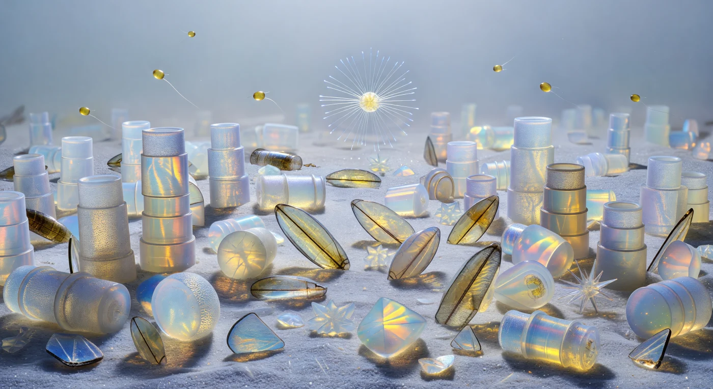 We drift just above a sediment floor of collapsed geometry — cylinders of ribbed silica toppled against boat-shaped keels, triangular shields propped at angles against star-form fragments, every surface perforated with pore arrays so fine they exist at the boundary of visible resolution. The material is diatom frustule, amorphous biogenic opal secreted valve by valve during the organisms' lives and now accumulating in layer after compacting layer, each piece between twenty and a hundred and fifty microns across, its silica body neither fully transparent nor opaque but possessed of the milky internal depth of polished moonstone. Transmitted light pours through every fragment and refracts at each striation boundary into interference fringes — cobalt, pale gold, rose — so that the sediment surface shifts its entire color register when our perspective moves by even a hair, a spectral mosaic generated entirely by nanometer-scale periodicity in the pore geometry rather than by any pigment. Out beyond the nearest ruins, where collapsed frustule columns open into corridors of stacked debris receding into blue-white depth-haze, an Actinophrys heliozoan hangs suspended in the water column like a living chandelier, its axopods — needle-straight rods stiffened internally by organized microtubule bundles — radiating outward in all directions and capturing transmitted light along their length, glowing like fiber-optic filaments above a crystal ruin field that extends, layer beneath layer, in all directions without a visible end.