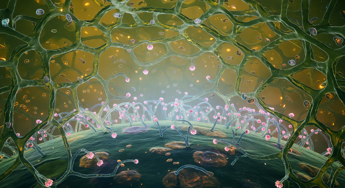 Te encuentras suspendido en una jungla molecular de color verde ámbar que se cierra desde todas direcciones, atrapado en una red tridimensional de cadenas de mucina —polímeros glucoprotéicos entrelazados que forman un gel viscoso cuya malla varía entre 100 y 500 nanómetros de anchura— mientras sacudidas brutales de Brownian motion te arrojan lateralmente sin previo aviso, pues a esta escala el agua no es un fluido suave sino un medio térmicamente violento donde la energía cinética de cada molécula resulta enorme respecto a tu masa. A treinta o cuarenta longitudes de cuerpo por delante, la superficie de la célula epitelial asciende como una pared planetaria de color gris verdoso iridiscente, desde la cual emerge un bosque denso de cadenas de glicanos del glucocáliz cuyos extremos cargados de ácido siálico brillan con una fosforescencia rosa-magenta, estructuras que el virus debe penetrar o sortear mediante interacciones electrostáticas y enlaces de hidrógeno para alcanzar sus receptores de membrana. Ocasionalmente, un golpe térmico te aplasta contra una hebra pegajosa de mucina y el punto de contacto florece en un halo cálido color ámbar —una adhesión transitoria mediada por fuerzas de van der Waals y puentes de hidrógeno— antes de que la energía térmica rompa el vínculo y la cadena se aleje vibrando. Este trayecto a través del moco, un mecanismo de defensa de la mucosa respiratoria, puede inmovilizar o retardar indefinidamente a los viriones, filtrándolos antes de que jamás alcancen el epitelio subyacente.