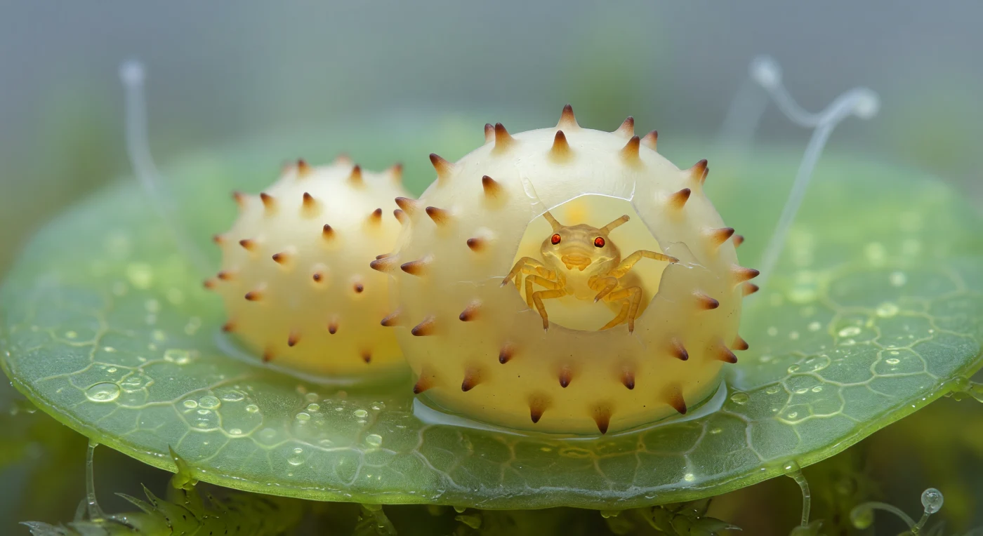 En el corazón de un tapiz de musgo, una esfera del tamaño de un guijarro —a esta escala— se parte a lo largo de su ecuador como si el mundo entero se abriera en silencio: es un huevo de *Macrobiotus*, con su superficie de porcelana crema-amarilla erizada de decenas de procesos cónicos con puntas ámbar-marrones que proyectan sombras radiales suaves sobre la cáscara, revelando la microarquitectura tridimensional de una coraza que ha protegido durante días un organismo completo en gestación. Por la grieta que avanza como una falla tectónica emerge el primer instar —apenas ochenta micrómetros de cuerpo traslúcido color ámbar-dorado, perfectamente formado, con ocho patas rechonchas que empujan contra el borde de la cáscara y dos manchas oculares rojo-anaranjadas que arden como brasas, la única pigmentación opaca en un cuerpo por lo demás diáfano a través del cual se adivina el intestino vacío y las bandas musculares nacientes. La luz difusa, filtrada como a través de un dosel de brotes de musgo, no lanza sombras duras sino que revela la ligera translucidez subsuperficial del cascarón —como porcelana fina sostenida frente a una ventana— y toca dos huevos hermanos en el fondo, desenfocados pero identificables por sus procesos idénticos, iluminados desde abajo por el verdor jade de las células del musgo cuyos cloroplastos brillan en el interior como vidrieras en miniatura. Todo el escenario existe dentro de lo que a escala humana sería una sola gota de rocío: la tensión superficial del agua que recubre cada superficie no es visible como líquido, sino que se traiciona en la leve curvatura del menisco donde el huevo contacta la hoja, un muro de cristal curvado que capta un destello especular fugaz, recordando que en este mundo la gravedad importa poco y la adhesión y la viscosidad lo son todo.