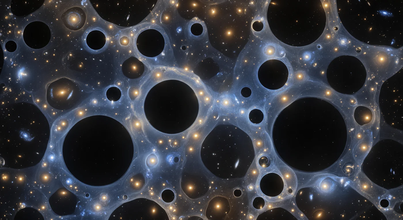 Te encuentras suspendido en el vacío gravitacional entre dos supercúmulos, y la red cósmica envuelve tu campo visual completo en todas direcciones como el interior de una lattice de burbujas de jabón de escala inconcebible. Nodos ardientes de color azul-blanco y ámbar dorado marcan cada intersección de filamentos, donde miles de galaxias comprimidas por la distancia se funden en perlas de fuego rodeadas de halos tenues de gas intracúmulo ionizado a decenas de millones de kelvin, mientras que los filamentos que los conectan —gruesos como cuerdas luminosas cerca de los nodos, adelgazándose hasta convertirse en hilos gris-azulados casi imperceptibles en sus puntos medios— son ríos de gas intergaláctico tibio-caliente, más rarificado que cualquier vacío terrestre pero visible gracias a su profundidad acumulada a lo largo de la línea de visión. Los vacíos revelan la verdadera arquitectura del universo: esferas perfectamente lisas de oscuridad geométrica, definidas únicamente por el borde luminoso de la red de filamentos que las circunda, como burbujas de espuma marina cuya superficie solo se hace visible por su iridiscente periferia, anidándose y presionándose entre sí en toda dirección mientras sus paredes compartidas constituyen las láminas de galaxias que separan el pleno de la nada. La autosimilaridad de la estructura es total y desorientadora: el mismo patrón de espuma se repite a cada escala angular, desde las estructuras gigapársec que dominan el campo periférico hasta los filamentos más tenues en el límite de la resolución visual, y la luz del nodo más cercano partió antes de que la vida multicelular compleja existiera en la Tierra, mientras que el resplandor ambiente de los bordes de los vacíos representa la suma acumulada de mil millones de años de fusión estelar llegando hasta este silencio paradójicamente repleto.