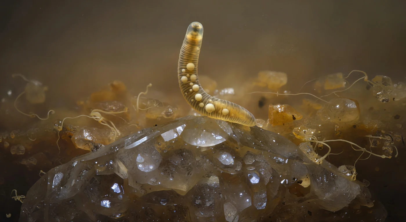 En el borde superior de un grano de cuarzo fracturado que se alza como un acantilado de cristal, una larva dauer se mantiene erguida sobre la punta de su cola en un equilibrio improbable, su cuerpo ámbar translúcido elevándose como una torre solitaria contra la penumbra ocre del suelo. La cutícula engrosada de la larva —una adaptación de resistencia que puede sobrevivir meses sin alimentarse ni moverse— brilla con anillos finos bajo una luz difusa y envolvente, mientras que a través de su pared corporal semitransparente se distinguen grandes gotas de grasa cremosas, reservas energéticas esféricas suspendidas como perlas en resina, testimonio silencioso de un organismo que ha pausado su biología entera para esperar condiciones mejores. La boca está sellada por un tapón bucal opaco, el extremo anterior curvado ligeramente en el aire quieto, sin apertura visible, como un capullo que guarda su forma pero ha renunciado por ahora al mundo. Muy abajo, al pie del grano que desde aquí parece una catedral mineral, se adivina entre la oscuridad cálida un laberinto de fragmentos de suelo, hifas fúngicas pálidas tendidas como cables entre masas de partículas lejanas, y una bruma tenue de materia orgánica disuelta que comprime la perspectiva y hace de este diminuto pilar ámbar —de apenas un milímetro de altura— el eje vertical de un mundo antiguo y fracturado.