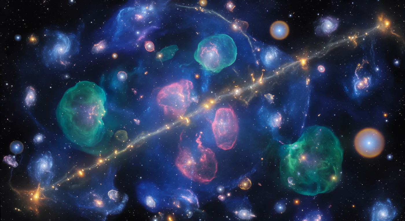 Te encuentras suspendido en el interior de un protocúmulo de supercúmulos en plena efervescencia cósmica, cuando el universo apenas alcanzaba los cuatro mil millones de años y su volumen era tres veces más compacto que el actual: en todas las direcciones, galaxias irregulares y fragmentadas estallan con luz ultravioleta en destellos azules y blancos, masas caóticas de nudos de formación estelar que derraman gas ionizado en cascadas de turquesa y cobalto hacia el medio intergaláctico circundante. Los blobs de Lyman-alfa dominan el primer plano como volúmenes nebulares colosales de cientos de kiloparsecs de diámetro, sus superficies churning con frentes de ionización internos que irradian jade y cian eléctrico, iluminados desde dentro por brotes de formación estelar y motores de núcleos galácticos activos cuya energía tiñe sus bordes de un suave ámbar. Varios quásares perforan el campo como soles cautivos, cada uno ardiendo en blanco-azul intenso en el centro de halos esféricos que degradan del blanco cegador al oro pálido y al óxido en sus márgenes, mientras los filamentos de la red cósmica se materializan como columnas de neblina dorada que conectan nodos donde cientos de proto-galaxias se apiñan con halos superpuestos y corrientes de marea trenzadas en puentes luminosos de plata. Todo el panorama transmite un universo atrapado a medio construir, violento y sobrecargado de energía, cada megaparsec cúbico hirviendo con la materia prima de toda la arquitectura cósmica que aún tardará miles de millones de años en ordenarse.