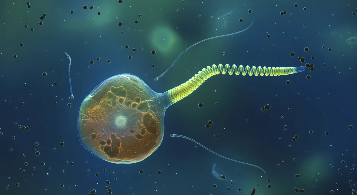 En este instante suspendido en el agua oceánica, el ojo se enfrenta a una *Chrysochromulina* cuyo cuerpo ambarino y semitransparente ocupa el campo visual como una arquitectura viva: la membrana plasmática vibra bajo la presión browniana del medio, mientras los cloroplastos proyectan sombras oscuras contra un núcleo pálido que brilla desde el interior como una lámpara cubierta de seda. Lo que domina la escena no es la quietud de la célula sino la violencia silenciosa que se desarrolla desde uno de sus polos: el haptonema —estructura única de los haptofitos, distinta de los flagelos en su arquitectura interna de microtúbulos dispuestos en anillo— se encuentra a medio camino entre dos estados físicos incompatibles, su tercio proximal ya colapsado en una hélice fluorescente amarillo-verdosa tensa como un resorte cargado, mientras el tramo distal aún persiste como varilla rígida que comienza a pandear en la zona de transición, liberando en milisegundos la energía elástica acumulada. A ambos lados del cuerpo celular, los dos flagelos —orgánulos locomotores de latido ultrarrápido, aquí completamente relajados— derivan como hilos de plata casi invisibles en la columna de agua, indiferentes al estallido mecánico que ocurre entre ellos. En el entorno inmediato, esferas bacterianas de un micrómetro flotan como planetas mate y oscuros, atrapadas en el gradiente químico que la célula proyecta hacia el agua circundante, mientras el medio mismo —lejos de ser vacío— dispersa la luz en una luminosidad lechosa de materia orgánica disuelta que convierte el fondo en un azul cobalto infinito y sin horizonte.