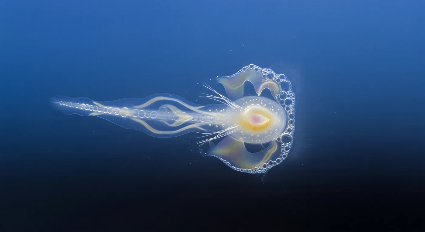 A un centímetro del tronco de *Oikopleura longicauda*, el cuerpo del animal se presenta como una esfera de gel casi perfecta, apenas del tamaño de un grano de arroz, suspendida en el azul difuso de la columna de agua: en su interior, un crescent de intestino color ámbar y un núcleo rosado de gónada flotan dentro de lo que parece vidrio viviente, mientras la cola se aleja en un bastón de cristal esmerilado que late con suaves y rítmicas ondulaciones. Desde la superficie del tronco, docenas de células glandulares oikoplásticas extruden en tiempo real filamentos de mucus plateado, cada uno más fino que una telaraña, que al contacto con el agua marina absorben fluido y se hinchan formando membranas semitransparentes: la casa incompleta, de apenas tres milímetros, pende como una burbuja de jabón hecha de materia viva, con su cuarto faltante todavía abierto al océano. Donde dos capas de mucus se han fusionado y adelgazado hasta el espesor óptico preciso, la interferencia de película delgada deposita colores que no están pintados sino tejidos en la física de la luz: un oro pálido que vira a aguamarina y se desvanece en violeta espectral hacia el frente de crecimiento, tonos que se deslizan y reordenan cada vez que la membrana flexiona, igual que el aceite sobre agua inmóvil. En ese frente activo, una encaje de microburbujas de mucus aún sin fusionar captura el azul ambiental como puntos de luz especular, y más allá una tenue opalescencia —mucopolisacáridos disueltos difundiéndose en gradientes brownianos— empaña suavemente el volumen circundante, como si el agua misma hubiera sido levemente escarcha en torno a esta arquitectura molecular que se levanta, filamento a filamento, en el corazón del mar abierto.