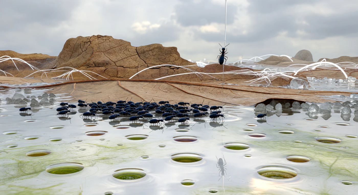 Au ras de la litière inondée, la surface d'eau argentée s'étend jusqu'à l'horizon comme une mer intérieure peu profonde, son miroir reflétant un ciel uniformément blanc strié de vert algal. Sur ce film liquide, une dense agrégation de *Hypogastrura* forme un radeau sombre et iridescent, leurs corps bleu-noir d'un millimètre pressés les uns contre les autres, la tension superficielle maintenant chaque individu dans une légère dépression de ménisque entourée d'un halo d'interférence aux reflets dorés et bleutés — la physique des interfaces dominant ici bien plus que la gravité. Les sphères parfaites des impacts de pluie se figent sur la nappe comme des lentilles de verre, chacune réfractant un panorama inversé de croûte algale émeraude et de nervures de feuille décomposée, compressant des mondes entiers dans une bille transparente de trois à quatre longueurs de corps. À la marge du radeau, un collembole vient de libérer sa furca en une fraction de milliseconde : corps projeté verticalement, un filament capillaire d'eau s'étire depuis le point de départ comme une aiguille de lumière réfractant le ciel gris, reliant encore l'animal à la nappe dans un dernier lien liquide avant la rupture. En arrière-plan, les crêtes de cellulose ambrée de la feuille de chêne se dressent comme des falaises de badlands, traversées par des hyphes fongiques — câbles translucides tendus entre des blocs de quartz qui luisent doucement, gris et intérieurs, dans la lumière diffuse et froide de la canopée.
