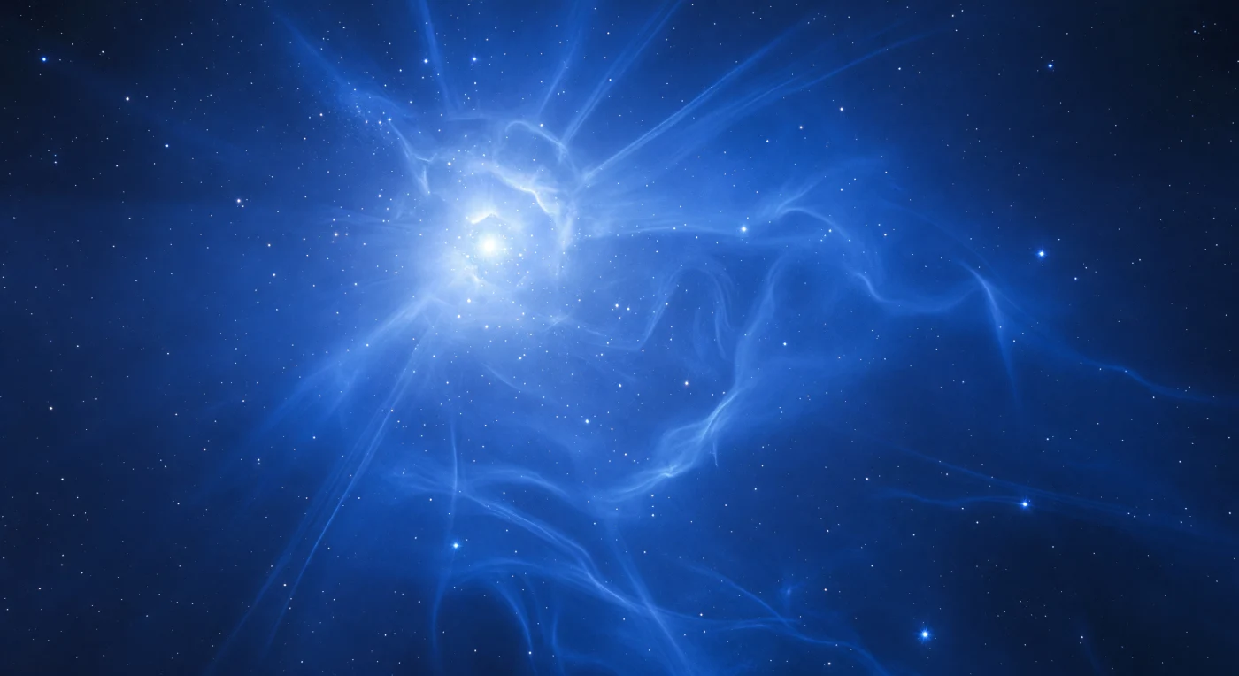 Vous flottez au cœur même d'une nébuleuse par réflexion, suspendu dans un volume lumineux qui n'a ni sol ni horizon, où l'azur électrique n'est pas une couleur projetée sur une surface mais une substance — un brouillard tridimensionnel de grains de silicate et de carbone, chacun de taille inférieure au micron, diffusant préférentiellement les photons à courtes longueurs d'onde émis par l'étoile de type B2 qui embrase le champ en haut à gauche d'une blancheur presque insoutenable. Ce n'est pas la chaleur dorée d'un soleil familier mais une brillance froide et ultraviolette dont le halo de near-white se dilue graduellement en cobalt profond puis en indigo vers les marges de la scène, comme si la lumière elle-même s'épuisait à traverser des années-lumière de poussière en suspension. Des filaments de densité légèrement accrue s'étirent radialement depuis l'astre, leurs bords doucement lumineux se dissolvant sans frontière nette dans la brume ambiante, créant une profondeur perçue non par l'ombre — il n'y en a aucune, l'illumination étant volumétrique et omnidirectionnelle — mais par le seul gradient de saturation chromatique. Les étoiles d'arrière-plan percent ce voile comme des points de saphir légèrement assombris et décalés vers le bleu, témoins silencieux de l'épaisseur optique d'un milieu qui s'étend, au-delà de tout horizon imaginable, sur plusieurs années-lumière de vide luminescent.