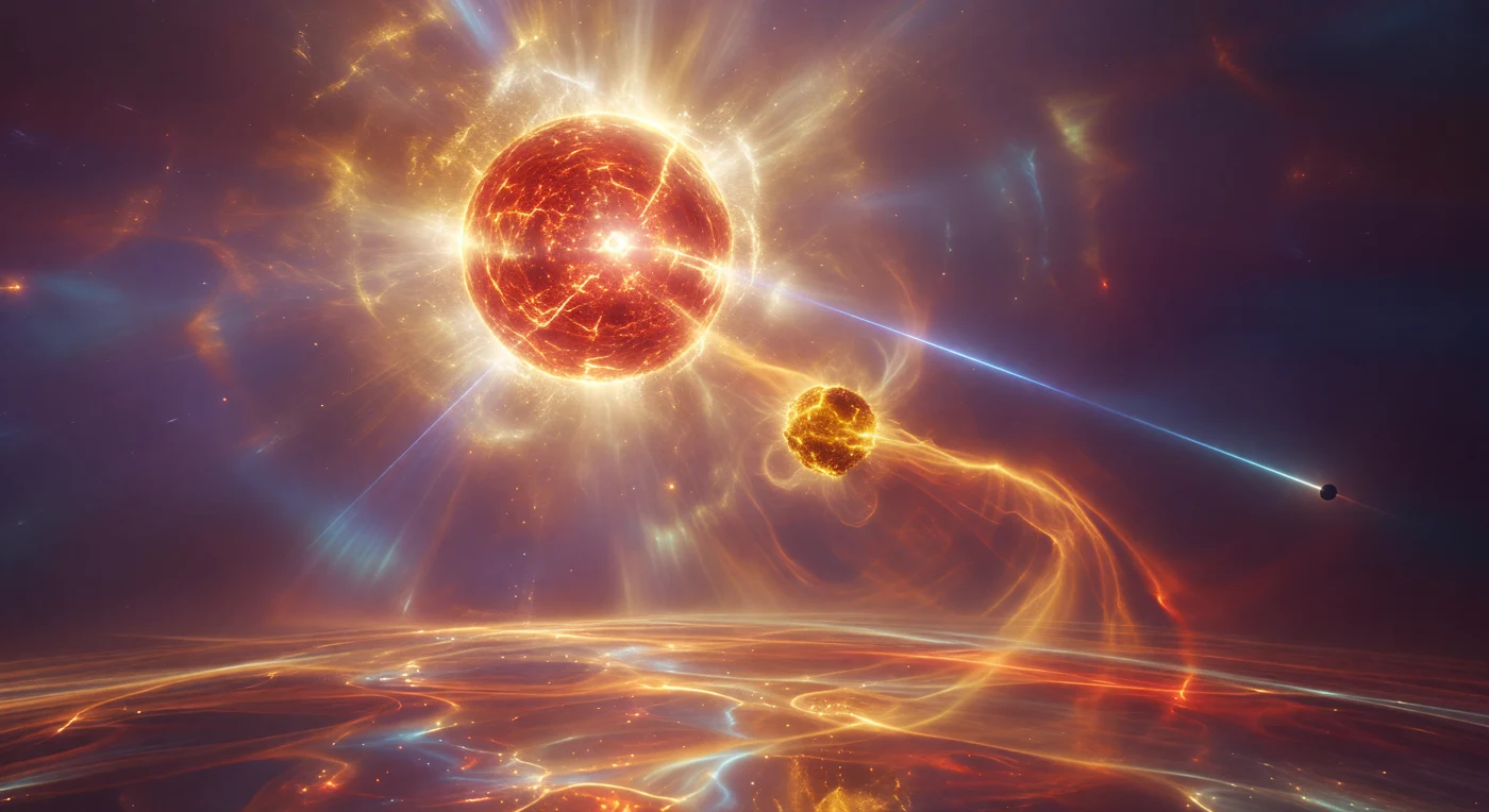 Le spectateur est plongé dans un bain éblouissant de blanc-or, comme si le vide lui-même était saturé d’une pression lumineuse presque matérielle. Au centre, la désintégration d’un quark top se manifeste par une sphère cramoisie-ambre qui se déchire en un trait bleu-blanc de lepton chargé, tandis que la présence du neutrino se lit surtout comme une absence fuyante dans le halo environnant ; plus loin, le quark bottom résiduel, plus sombre et plus stable, laisse derrière lui une traînée de gluons en rubans scintillants. Cette scène traduit la physique de l’interaction faible et de la chromodynamique quantique, où les champs, plutôt que des objets solides, portent l’essentiel de l’énergie et du mouvement. Autour de la vertex de décroissance, le vide pulse en violet diffus, comme une membrane espace-temps brièvement marquée par une libération d’énergie d’une violence extrême, avant que tout ne s’efface en quelques instants infinitésimaux.