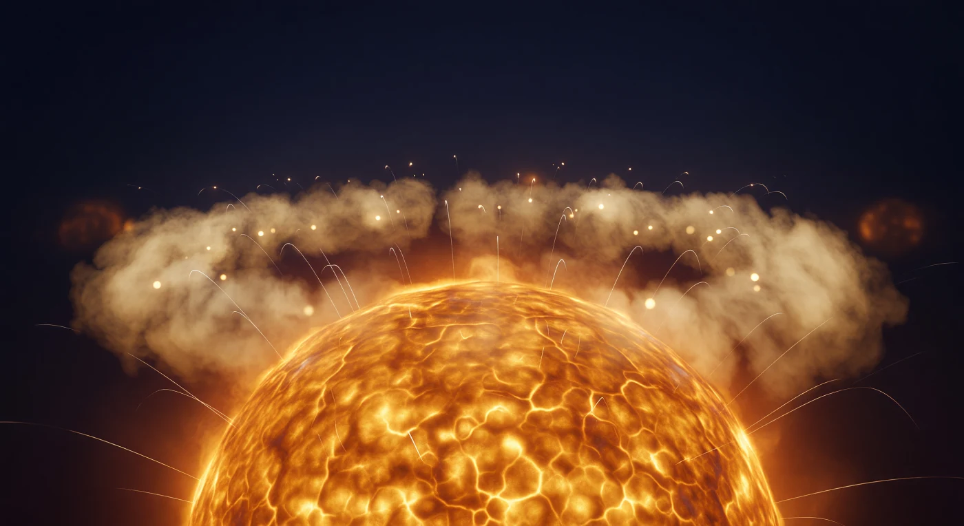 Devant vous se dresse la surface d’un noyau de fer, grosse comme un astre comprimé, dont l’éclat ambré pulse lentement du brun brûlé à l’or incandescent. Sa peau n’est pas nette mais vibrante, comme une matière presque visqueuse traversée de crêtes sombres et de vagues de compression qui traduisent l’oscillation collective des nucléons serrés les uns contre les autres. Autour, une couronne hadronique épaisse déploie un nuage de pions virtuels : des lueurs blanc crème jaillissent en arcs fugitifs, s’éloignent à peine avant d’être réabsorbées ou happées par d’autres nucléons, dessinant une atmosphère nucléaire dense et instable. Au-delà de cette bordure floue, tout s’éteint dans un indigo profond, comme si le vide lui-même n’était plus qu’une obscurité sous tension, à la lisière d’un monde régi par la force forte.