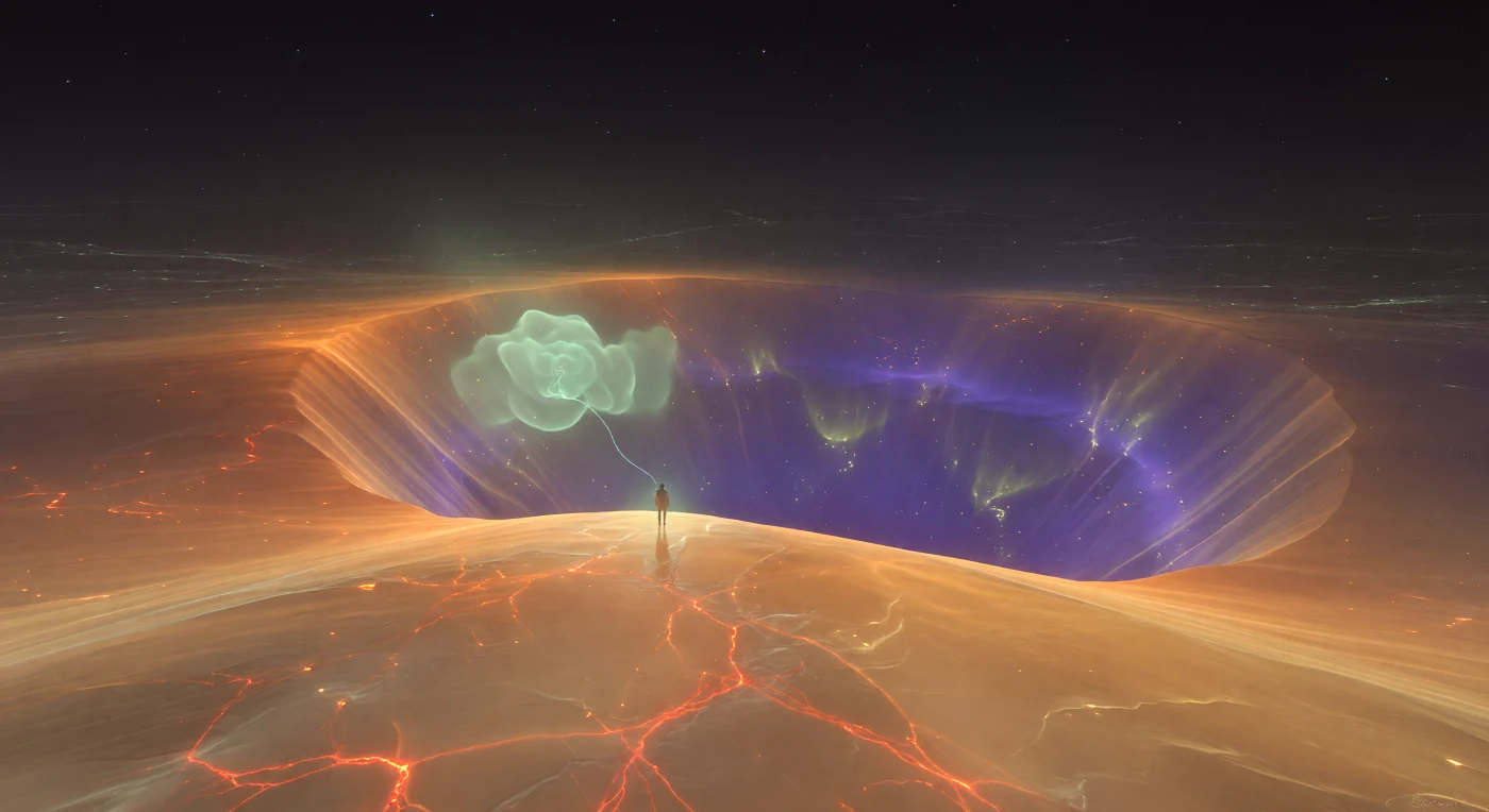 Depuis la crête de cette barrière incandescente, le regard plonge en arrière vers un abîme violet et indigo — le puits de potentiel nucléaire du noyau d'uranium-238 — dont les parois courbes irradient une luminescence comprimée, comme si la matière elle-même, portée à une densité de deux cents millions de milliards de kilogrammes par mètre cube, avait oublié de rester sombre. En avant, le sol ambré-orangé descend en longues pentes safranées vers un horizon qui n'est pas un horizon mais l'effacement progressif de la force coulombienne dans le vide quantique, ce fond quasi-noir où de brèves vacillations de lumière pâle trahissent un milieu qui n'est jamais tout à fait rien. Sur la paroi intérieure du cratère, à mi-hauteur, un fantôme d'un vert jade translucide — un cluster alpha piégé par la mécanique quantique — envoie un fin tentacule de lumière froide à travers la roche lumineuse de la barrière elle-même, occupant simultanément l'intérieur et l'extérieur selon les règles de l'effet tunnel, sa présence une probabilité plutôt qu'une position. La crête sous vos pieds n'est pas de la pierre : c'est la répulsion électrostatique de quatre-vingt-douze protons cristallisée en topographie, une énergie potentielle rendue visible, veinée de filaments plus brillants qui pulsent sans rythme, comme si la barrière cherchait, par intermittence, un chemin vers son propre effondrement.