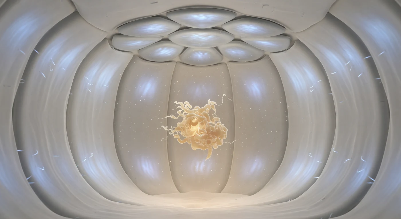 Vous flottez à l'intérieur d'une enceinte sphérique de huit nanomètres de diamètre, dont les parois incurvées de gris nacré émettent une lueur bleue-blanche uniforme — la surface intérieure du complexe chaperonine GroEL, dont les résidus hydrophiles tapissent chaque segment du tonneau cylindrique comme un revêtement de velours moléculaire. Au-dessus de vous, le couvercle formé par les sept sous-unités de GroES s'assemble en une voûte de lobes argent-étain ajustés avec une précision architecturale, scellant hermétiquement cette chambre de repliement où règne un silence thermodynamique trompeur : en réalité, des milliers de molécules d'eau bombardent chaque surface à des vitesses de plusieurs centaines de mètres par seconde, générant cette agitation brownienne perpétuelle qui maintient tout en suspension. Au centre de la chambre, à trois mètres en échelle subjective, dérive une protéine mal repliée — une masse enchevêtrée de rubans beige-ambre effondrés sur eux-mêmes, ses boucles désordonnées se dissolvant en une brume électronique probabiliste à ses marges. C'est ici, dans cet espace confiné et chimiquement reconfigurable, que la cellule consomme de l'ATP pour isoler les chaînes polypeptidiques des interactions parasites et leur offrir, dans l'équanimité de ce petit monde fermé, une seconde chance de trouver leur conformation native.