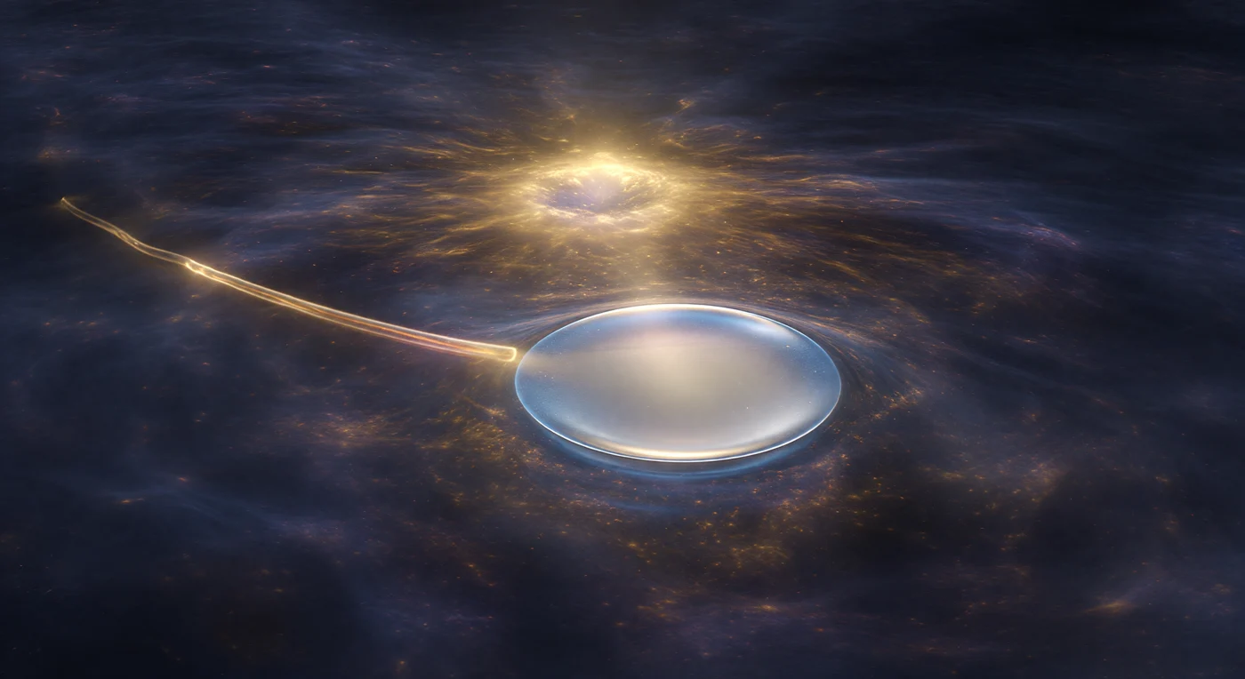 Dans ce fragment d'univers figé à l'échelle du femtomètre, le regard est d'abord capturé par un point de radiance quasi-singulière — le quark top, dont la masse colossale (~173 GeV/c²) confère à son champ chromo­dynamique une intensité telle qu'il déforme le vide quantique environnant comme une lentille thermique, la texture granuleuse indigo-charbon du condensat gluonique se courbant visiblement vers ce centre incandescent avant même qu'un tube de flux complet n'ait pu se former. La désintégration survient en deçà de 10⁻²⁵ secondes — bien trop brève pour que la confinement chromo­dynamique ait le temps d'agir — et se manifeste comme une sphère d'émission électrofaible d'un bleu-argent géométriquement parfait, texturalement étrangère au milieu QCD environnant : là où le vide chromo­dynamique est granuleux, chaud et turbulent, cette coque translucide est lisse, froide, iridescente, sa frontière avec le milieu ambient aussi nette qu'une interface de phase. Derrière le point de détonation, le quark b en recul tire dans son sillage un filament naissant de champ de couleur — un tube de flux encore ténu, d'un or fondu strié d'ambre profond, dont la tension de corde (~0,18 GeV²/fm) comprime légèrement le vide sur ses flancs, tandis que l'extrémité libre se perd dans le milieu QCD bouillonnant, amorçant déjà la nucléation de nouvelles paires qui bientôt fragmenteront ce fil de lumière en matière nouvelle.
