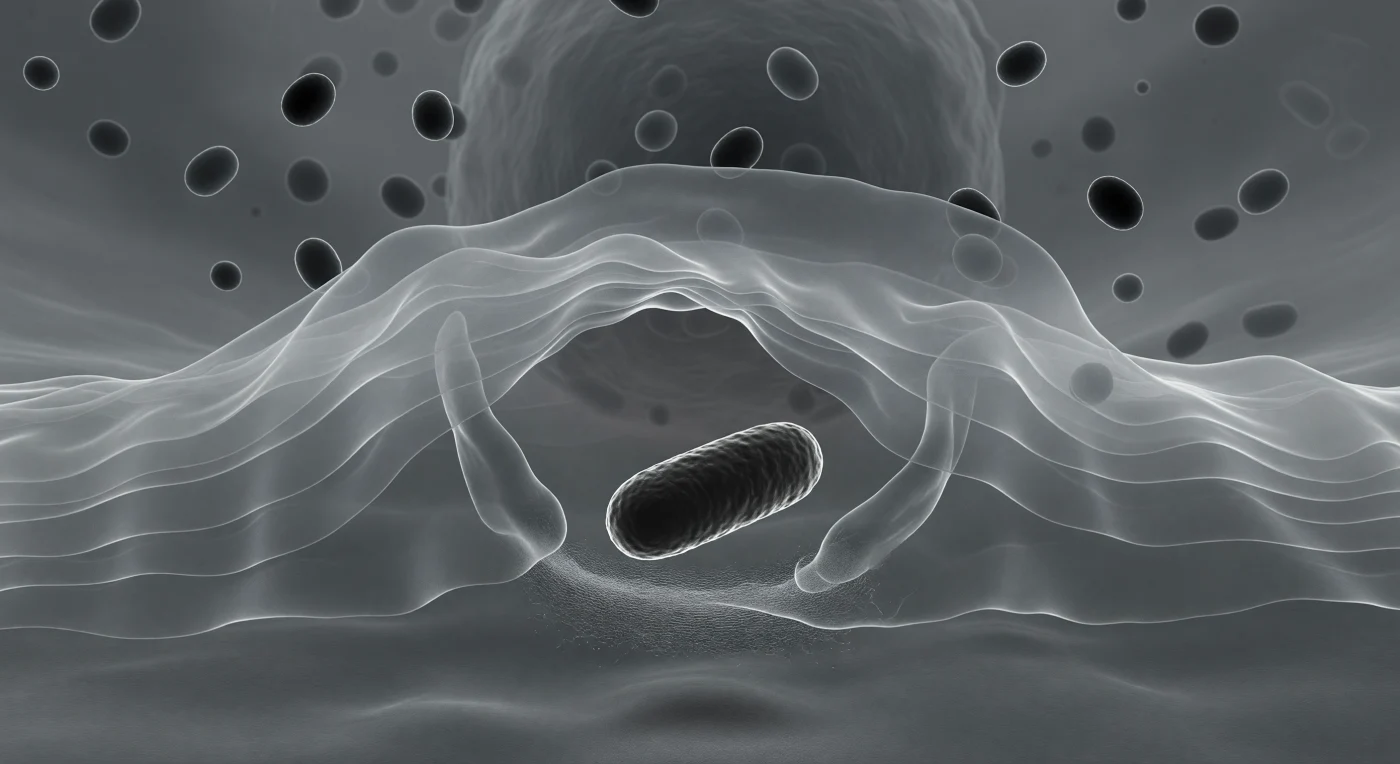 Vous vous trouvez à l'extrême pointe d'un pseudopode de macrophage en plein acte d'engloutissement, porté par le voile cytoplasmique translucide qui s'incurve en avant comme une vague figée dans son élan — à quelques micromètres à peine, une bactérie en forme de bâtonnet se dresse telle un monolithe sombre, déjà encerclée par les deux bras membranaires qui se referment sur elle avec la lenteur inexorable d'une étreinte. Le matériau qui vous entoure est le lamellipode, une structure enrichie en filaments d'actine polymérisée dont le réseau serré confère à ce voile sa rigidité étrange, ni liquide ni solide, oscillant entre le gel et la membrane vivante sous la tension d'une dynamique de treadmilling incessante. Derrière vous, dans l'épaisseur croissante du cytoplasme, les granules lysosomiaux attendent — des compartiments acides chargés d'hydrolases capables de digérer la paroi bactérienne dès que la membrane phagosomale se sera refermée, fusionnant avec eux pour former le phagolysosome. Tout ici est rendu en nuances de gris DIC, chaque structure révélée non par la couleur mais par son indice de réfraction, chaque bord dessiné d'un halo lumineux qui trahit la densité optique de la matière vivante traversée par la lumière transmise.