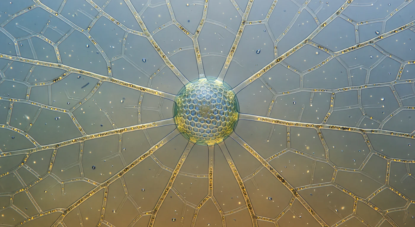 Au cœur du réseau réticulopodial, vous flottez dans une dentelle d'ambre vivant qui s'étend sans frontière visible dans chaque direction — des filaments de cytoplasme translucide, à peine plus épais qu'une fraction de micron, portent simultanément deux courants opposés de granules dorés qui roulent en sens inverse comme deux rivières partageant un même canal de verre, témoignant du transport actif de vésicules et d'organites assuré par des moteurs moléculaires le long de rails de microtubules. Le milieu qui vous entoure n'est pas de l'air mais de l'eau de mer, rendue à cette échelle comme un gel bleu-vert légèrement trouble, presque immobile mais parcouru du frémissement thermique du mouvement brownien qui fait trembler les filaments distants au bord de la résolution, tandis que des flocons organiques dérivents lentement comme une neige obscure. Au centre du champ visuel domine la Thalassiosira — un cylindre de verre biologique d'une vingtaine de microns, ses deux faces gravées d'un réseau hexagonal de pores de silice si régulier qu'il évoque une architecture délibérée, chaque pore dispersant la lumière bleu-blanc en une constellation de points froids, sa paroi d'une densité optique comparable à du verre d'optique. Six filaments réticulopodaux ont déjà épousé la ceinture de silice du diatomée, leur cytoplasme ambré s'aplatissant en un film translucide qui rampe sur la paroi et commence, sur le côté opposé, à se refermer en vacuole digestive — une ampoule membranaire à peine discernable par son indice de réfraction légèrement différent, comme une bulle de savon se formant au ralenti autour d'un joyau.