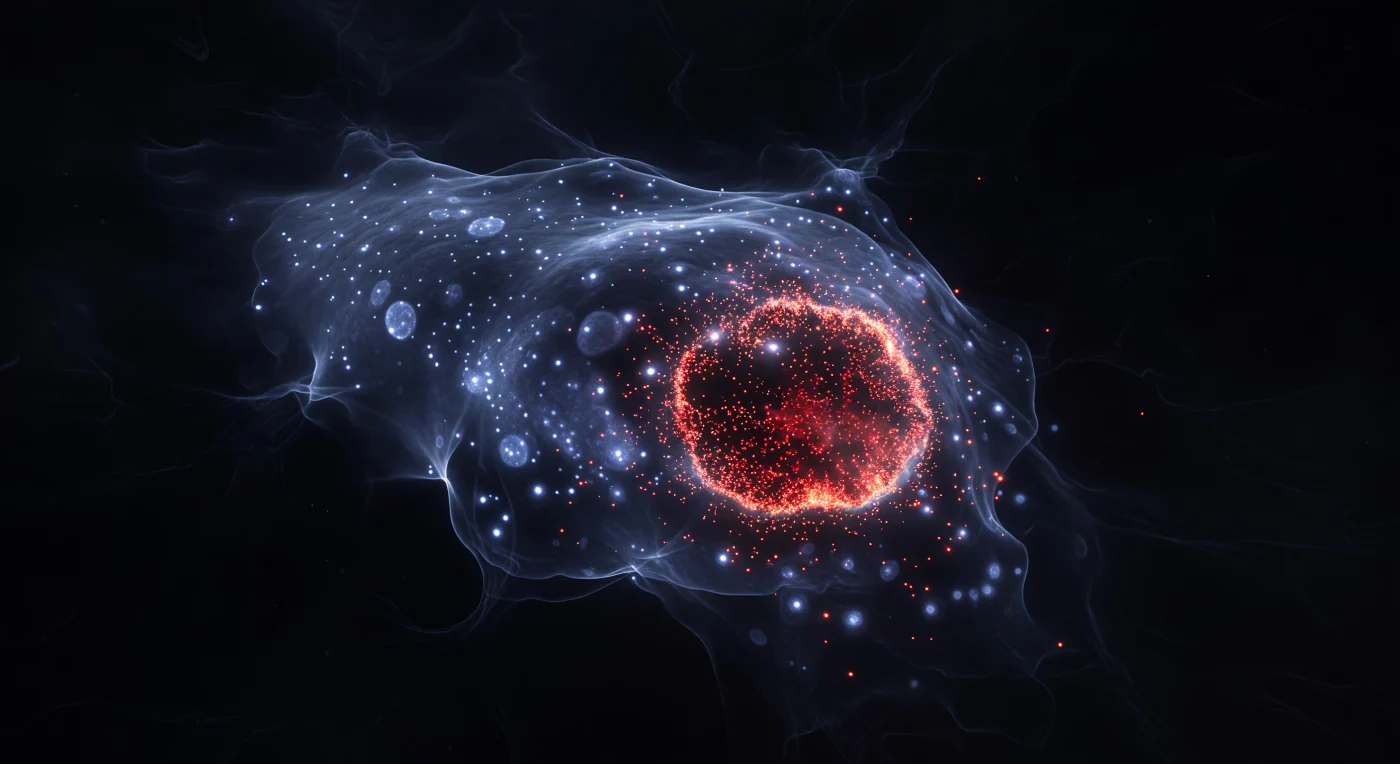Vous flottez à la hauteur d'une cellule unique dans un cosmos biologique plongé dans le noir absolu, porté par l'architecture aplatie et bilatérale d'un planaire suspendu quarante-huit heures après amputation. La totalité du corps se dessine comme une nébuleuse allongée d'un bleu électrique pâle : chaque noyau cellulaire marqué au DAPI brille comme une étoile froide isolée dans le gel translucide du parenchyme, leurs halos discrets séparés par des vides sombres qui donnent à l'ensemble la texture d'une fumée congelée sous lumière ultraviolette. Mais en progressant vers le bord antérieur de la blessure, le champ d'étoiles se densifie de manière catastrophique — les néoblastes en division, chacun marqué à l'EdU comme un point cramoisi incandescent, se multiplient puis fusionnent en une nébuleuse continue d'écarlate et de rouge profond, leurs signaux individuels indiscernables, absorbés dans une masse de lumière biologique qui pulse comme un effondrement stellaire. Ce contraste absolu entre le champ d'étoiles bleu et clairsemé du tissu intact et la conflagration rouge qui consume le front de régénération traduit un phénomène fondamental : la mobilisation massive de cellules souches pluripotentes qui, en se divisant de manière synchrone, reconstruisent un axe antérieur entier à partir d'un tissu blessé, transformant la quiescence en urgence proliférative en l'espace de quelques heures.