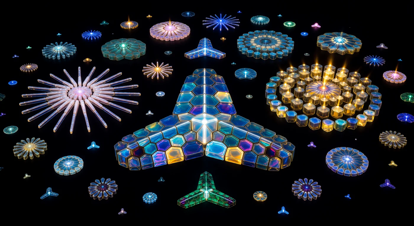 Dans l'obscurité absolue, vous flottez au centre d'une constellation aplatie sur un seul plan focal, entouré de frustules de diatomées disposées selon l'art des diatomistes victoriens : des architectures de silice amorphe hydratée — l'opale-A biogénique — suspendues dans le vide comme des reliquaires de vitrail éclairés de l'intérieur par une lumière froide et sans source. Directement devant vous, un *Triceratium* triangulaire s'étend sur plusieurs dizaines de longueurs de corps, ses parois de verre épaisses de quelques nanomètres seulement fracturant la lumière en franges d'interférence qui saignent du cobalt électrique vers l'ambre fondu, chaque aréole hexagonale agissant comme un réseau de diffraction miniature projetant des couronnes colorées dans le noir environnant. Plus loin, un *Coscinodiscus* aussi vaste qu'un dôme de colisée rayonne en citrine profonde, ses fultoportulae — ces cheminées de silice caractéristiques des diatomées centriques — projetant de fines colonnes de lumière réfractée dans le vide, tandis qu'un *Arachnoidiscus* irradie, rayon par rayon, comme un lustre de nacre rose pâle. Tout près, une *Pleurosigma* pennate courbe son corps sigmoïde à portée de main, sa grille d'aréoles obliques formant un réseau de diffraction croisé qui fait onduler des vagues de teinte sarcelle à améthyste à chaque imperceptible déplacement du regard, la fente raphéenne brillant d'un blanc argenté là où la paroi de silice s'amincit jusqu'à la quasi-transparence. Ces squelettes minéraux acido-nettoyés, dépouillés de toute matière organique, révèlent la pureté structurelle d'une architecture biologique capable de traverser des millions d'années dans les sédiments — et ce qui ressemble ici à une constellation de gemmes microscopiques est en réalité l'ossature d'organismes qui produisent près d'un quart de l'oxygène atmosphérique terrestre.