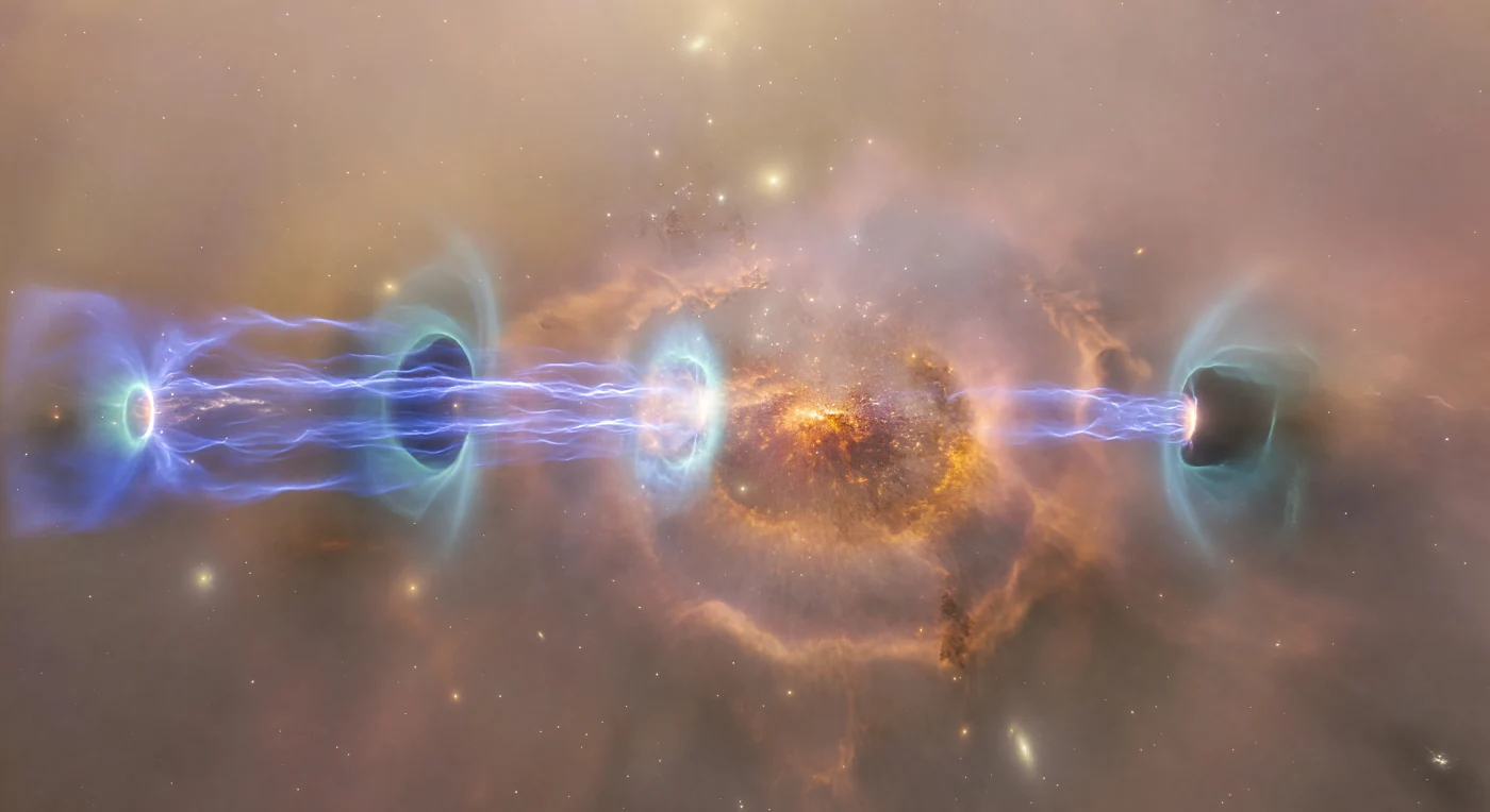 Dans ce coin de l'univers observable, le regard embrasse l'intégralité d'un système radio de type FR-II — une galaxie elliptique massive incandescente d'ambre et de cuivre oxydé, depuis le noyau actif de laquelle jaillissent deux jets collimatés d'un bleu électrique quasi solide, s'étirant chacun sur près d'un mégaparsec avant de se fracasser en points chauds d'une blancheur aveuglante cerclés de cyan brûlant, là où l'énergie cinétique du plasma relativiste se dissipe en ondes de choc terminales. À partir de ces hotspots, la matière se déploie en lobes radio démesurés — des volumes de braise éteinte et de mauve poussiéreux, chacun plus grand que le cluster-hôte tout entier, dont les bords organiques et effilochés recèlent des contre-courants de plasma plus froid qui remontent lentement vers la galaxie centrale comme des tourbillons dans une atmosphère magnétisée. Aux flancs du noyau, les cavités X se signalent par leur absence : des bulles ellipsoïdales quasi vides d'émission, bordées d'un fin anneau de plasma intra-amas comprimé rayonnant en aigue-marine pâle à des températures de dizaines de millions de kelvins, témoins silencieux de la pression exercée par les jets sur le milieu environnant. Le tout baigne dans la lueur diffuse du milieu intra-amas, un voile d'or pâle et de rose blême qui transforme le fond noir de l'espace intergalactique en quelque chose d'habité, de presque tangible, à l'échelle de ce système qui défie toute perception humaine.