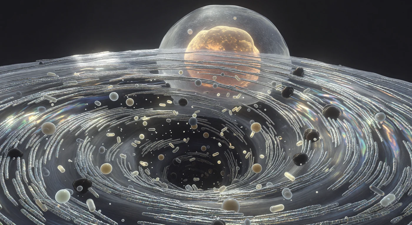 Vous flottez au bord d'un canyon en spirale d'une ampleur écrasante — le sillon buccal d'un *Paramecium caudatum* — dont les parois de verre vivant s'incurvent de chaque côté comme les gradins d'un amphithéâtre taillé dans la matière cellulaire elle-même, la pellicule environnante captant la lumière disponible comme une membrane argentée et métallique, striée de crêtes protéiques longitudinales parcourant l'ectoplasme en bandes parallèles. Des milliers d'organites ciliaires — membranelles et cirres disposés en rangées serrées — battent en vagues métachronales synchronisées qui dévalent les parois du canyon comme des déferlantes lumineuses, chaque cycle de frappe se propageant vers le bas en une iridescence ondulante, chariant dans le vortex induit des bactéries en bâtonnets translucides qui pivotent sur elles-mêmes et spiralent inexorablement vers la fosse cytostomale, cette ouverture de noirceur absolue qui pulse faiblement au fond. Au-dessus, la paroi cellulaire translucide s'arque en dôme de verre dépoli, et à travers elle le macronoyau rayonne d'un ambre chaud — une présence réniforme imposante, rétroéclairée par la luminosité granulaire diffuse du cytoplasme — pendant que plus profondément dans l'endoplasme, des vacuoles digestives dérivent comme des nuages sombres à différents stades d'une digestion dont l'alchimie enzymatique, silencieuse et inexorable, se mesure non en sons mais en gradients chimiques et en pression mécanique.