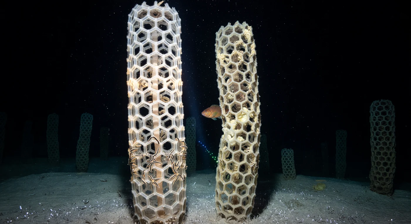 You hover face-to-face with a tower of *Aphrocallistes vastus*, a glass sponge whose entire skeleton is woven from fused silica spicules — not secreted mineral armor but a continuous syncytial lattice of living glass, the same material as optical fiber, built hexagonally at the microscopic level into a structure that at this scale reads as vaulted cathedral architecture rising in cream-white columns from a seafloor carpeted with its own broken spicule debris, shards of biogenic glass glittering in the ROV beam like cold diamonds scattered across gray calcareous silt. These hexactinellid sponges are among the oldest reef-builders in the Northeast Pacific, their colonies dated to thousands of years of incremental accretion, each tower growing only millimeters annually in water near freezing and utterly lightless — yet the silica lattice conducts the artificial floodbeam along each glassy strut by total internal reflection, lighting the structure from within so that nested chambers two to five millimeters across glow like backlit alabaster receding through translucent walls, the whole spire radiating a warm halo into water that has no business being warm at all. Brittle stars drape their banded arms through the mesh openings as though the sponge were scaffolding built for them, rockfish hang motionless in the inter-tower corridors exploiting the architectural shelter, and marine snow descends in absolute vertical stillness through the beam — organic aggregates drifting downward at millimeters per second, the slow rain of surface productivity reaching a filter-feeding reef that pumps tens of thousands of times its own volume through living glass every single day. At the edge of the light, a bioluminescent smear drifts past and vanishes, leaving nothing but the cold, the dark, and the reef extending in every direction far beyond what can be seen.