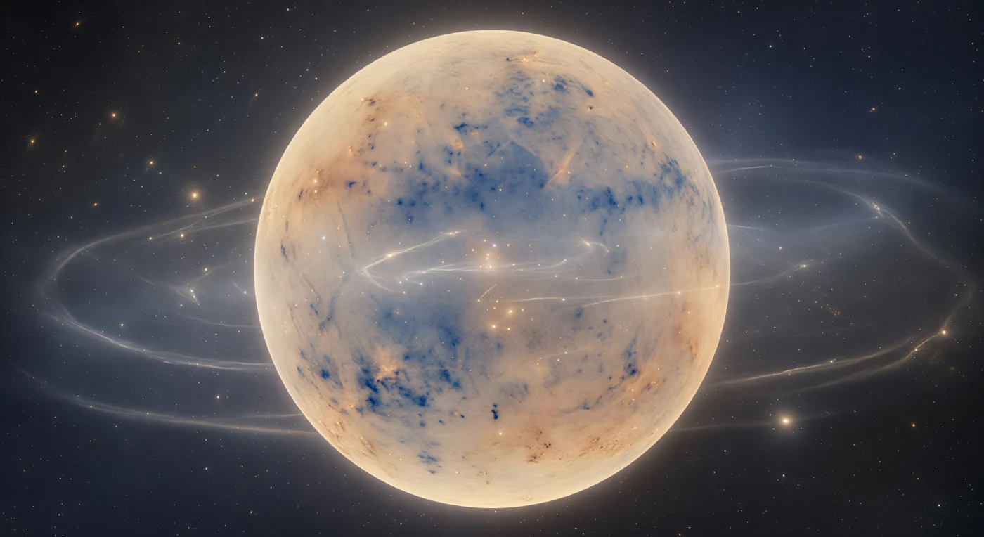 You are suspended at the geometric heart of the observable universe, wrapped on all sides by the oldest light in existence — the cosmic microwave background's last scattering surface, a luminous shell of thermal radiation released when the universe was just 380,000 years old, its photons traveling 13.8 billion years to converge simultaneously upon this single point of witnessing. The sky is not black but suffused with a breathing cream-gold warmth, omnidirectional and borderless, the interior of an unimaginably vast furnace seen from its precise center, every direction indistinguishable from every other. Across this perfect luminous sphere, temperature fluctuations of a few parts in a hundred thousand paint the entire celestial surface in the subtlest imaginable palette — warm amber and dusty terracotta blooming across one-degree acoustic oscillation scales, the fingerprints of primordial sound waves frozen at the moment of recombination, each warm patch the embryonic seed of a supercluster, each cobalt-indigo cold spot the future address of a cosmic void. Between you and that thermal horizon, the full depth of large-scale structure recedes in ghostly superimposition — faint filaments of the cosmic web threaded across hundreds of millions of light-years, galaxy clusters reduced to pale smears of composite starlight nearly indistinguishable from the background glow, the entire architecture of superclusters, walls, and voids rendered gossamer by sheer distance. This is the universe's oldest self-portrait, and it surrounds every observer in the cosmos equally, without exception.