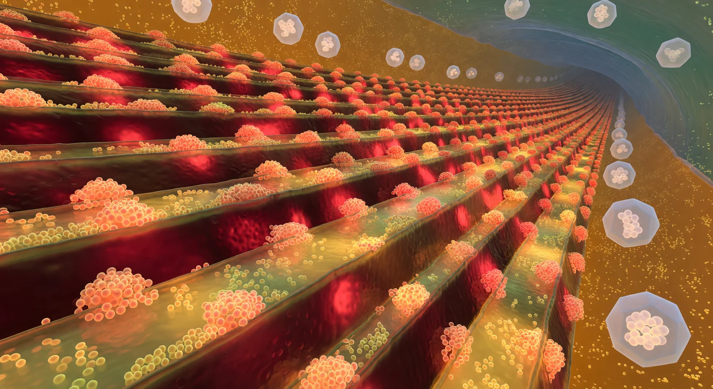 You are standing inside a living cell, suspended within a cathedral of stacked membrane sheets that curve away in every direction, their surfaces burning with a deep wine-red luminescence born of chlorophyll molecules embedded in the bilayer itself. Each membrane is encrusted with hemispheric phycobilisome antenna complexes — coral-orange and saffron domes crowding together like baroque ornaments — that harvest light energy and funnel it into the photosynthetic machinery below, while the narrow lumenal corridors between membrane sheets glow amber-gold with electrochemical gradients driving ATP synthesis. Drifting in the surrounding cytoplasm, icosahedral carboxysome shells hover like frosted lanterns, their pale faceted walls enclosing dense clusters of RuBisCO enzymes that fix carbon dioxide into organic matter, a chemistry that oxygenated Earth's atmosphere over two billion years ago and made complex life possible. The cytoplasm itself is not a clear fluid but a crowded amber gel — ribosomes, proteins, and nucleic acids packed so densely that molecules diffuse as if through warm resin, every cubic nanometer contested. At the cell's far boundary, a faint teal luminescence bleeds through the plasma membrane from the aquatic world outside, the entire scene self-lit from within, a photosynthetic engine no more than a few micrometers across that converts sunlight into the biochemical currency sustaining nearly every food web on the planet.