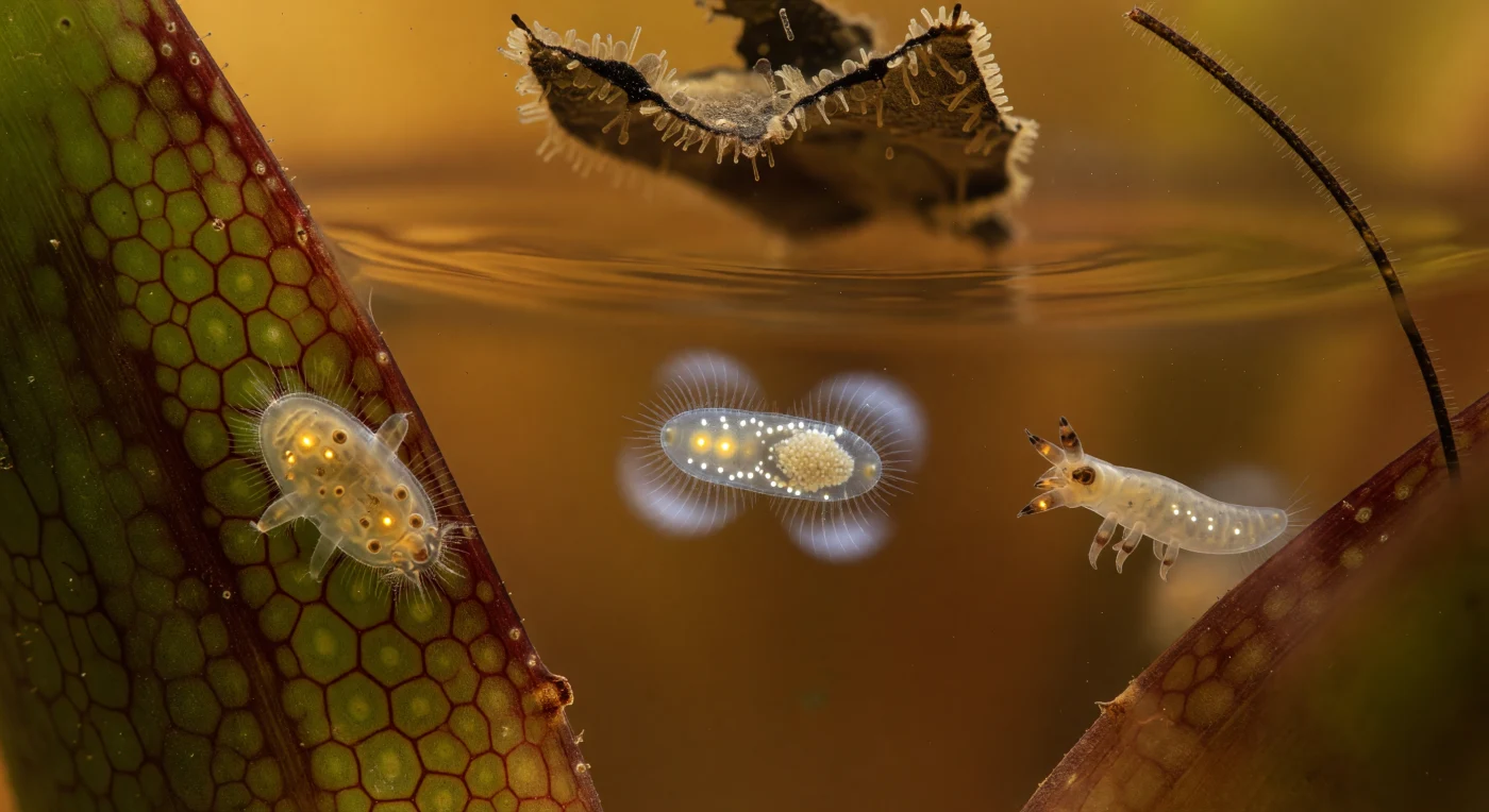 You hover suspended in a tannin-amber water column enclosed by bromeliad leaf walls that curve away on all sides like the interior of a vast waxed cathedral, the cuticle surface so close on your left that its mosaic of convex epidermal cells — each one a low dome of jade and crimson, separated by micro-valleys furred with bacterial biofilm — fills your entire visual field like an ancient tiled architecture. The water is not transparent but a warm luminous broth, every photon stained weak-tea gold by dissolved humic acids and tannins leaching from the decomposing organic matter of this sealed phytotelm ecosystem, so that all shadows are amber and all distances dissolve into caramel fog. Against the leaf wall, a Lecane presses its glassy oval lorica flush to the cuticle, its corona tufts sweeping biofilm in urgent strokes while its mastax pulses amber flashes through the translucent dorsal shield — a creature for whom viscosity is architecture and stillness is grip; nearby in open water, a Philodina bdelloid extends both trochal discs into shimmering halos of metachronal cilia, their offset beat frequencies creating the optical illusion of counter-spinning wheels of pale light against the amber, while through its transparent body the germovitellarium glows like a dense pearl and flame cells flicker cold white along the lateral walls. To the right, a Cephalodella hangs motionless at its predatory angle, forcipate trophi half-extended and catching the amber light as geometric hooks, while above everything a fragment of decomposing leaf descends through the background with the gravitational presence of a collapsing building and a single mosquito larva seta enters the frame from the upper edge as a vast barbeled architectural cable — a suspension element for the entire amber world.