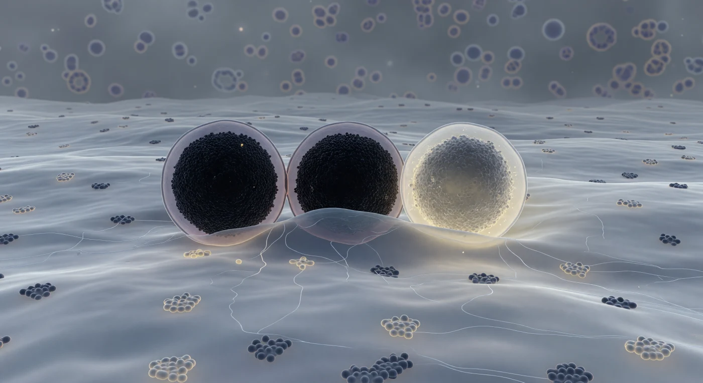 You exist pressed against the inner face of a plasma membrane that stretches to every horizon like an immense, softly luminous plain — a fluid bilayer of blue-grey lipid faintly threaded with embedded protein complexes, its surface alive with slow rolling topography where cholesterol-rich raft domains pool in subtly lighter, more ordered patches. Three granules dominate the scene, each the scale of a small building: the first sits docked in full contact, its near-black crystalline core of zinc-insulin hexamers so densely packed they absorb almost all light, ringed by a thin lavender halo where its limiting membrane holds; the second bows the plasma membrane gently inward in a hemi-fused collar where lipid identity dissolves into indeterminate grey; the third has already surrendered, its once-opaque core unraveling from deep charcoal to a dispersing warm ivory-yellow haze as insulin molecules escape into the pale amber luminosity of the extracellular space beyond. This is the final choreography of regulated exocytosis, driven by SNARE protein complexes — syntaxin, SNAP-25, and synaptobrevin — that zipper the two bilayers together with enough mechanical force to overcome the energy barrier of membrane fusion, a process completed in milliseconds yet representing the culmination of hours of granule biogenesis and priming. Threading through the cytoplasmic space between the granules, ghostly actin filaments form a loose cortical mesh, while the deeper cytoplasm recedes into a structured murk of macromolecular crowding — a single frozen instant in a thermally inevitable act, caught mid-breath, that cannot be undone.