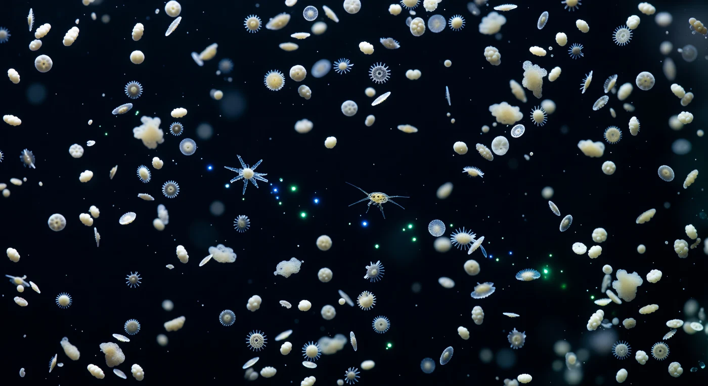 You are suspended two kilometers below the last trace of sunlight, drifting weightless in seawater so cold and still it feels like dark glass, surrounded by a snowfall that has been falling, unwitnessed, for geological ages. All around you, the dead descend: chalky-white Globigerina bulloides tumble past in lazy arcs, their clusters of globular calcite chambers returning a ghostly cream-white luminosity against the indigo-black, each test no larger than a grain of sugar, each a single cell's architectural achievement now emptied and falling toward the sediment kilometers below. Compressed lenticular Globorotalia discs flash cold silver at the edge of perception, their sharp peripheral keels catching scattered ambient light before vanishing back into shadow, while a rare spinose form drifts close trailing fractured crystalline needles — broken spine fragments refracting the darkness into hairline glints of pale blue. Between the tests drift loose flocs of marine snow, mucoid and fibrous, the organic and the mineral descending together in absolute contrast: calcite geometry against dissolving matter, the rigid suture lines of a foram wall against a shapeless smear of bacterial film. Then a single copepod cuts horizontally through the vertical cascade, and for less than a second its bioluminescent wake blooms blue-green across a dozen falling tests, illuminating their pore fields and chamber walls in sharp relief before the darkness closes again, and the slow white rain continues downward without end.