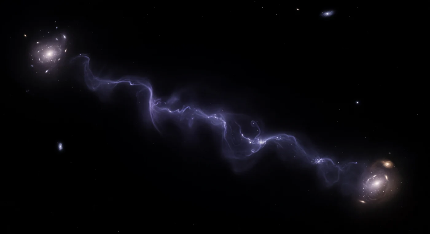 Suspended mid-crossing between two galaxy clusters separated by fifty megaparsecs, you look out into a darkness so total that the faint luminous breath of the cosmic filament barely registers as real — a gossamer bridge of warm-hot intergalactic medium, the WHIM, so tenuous that its density is nearly indistinguishable from the void it threads through, yet whose sheer column depth across hundreds of millions of light-years conjures a translucent fog of ultraviolet violet at its cooler periphery, shifting to pale electric blue where hotter pockets of ionized plasma pulse with soft X-ray emission along the dark matter scaffolding beneath. This is the cosmic web made visible at its most elusive: partially ionized baryonic gas at temperatures between one hundred thousand and ten million Kelvin, estimated to contain thirty to fifty percent of all ordinary matter in the universe and yet so diffuse — mere fractions of a particle per cubic meter — that it evaded direct detection for decades. Far ahead and far behind, the two cluster anchors resolve as warm amber halos, entire metropolises of thousands of galaxies suspended in superheated plasma, their collective glow bleeding into incandescent pools at the filament's endpoints like coastlines glimpsed across an ocean of absolute nothing. The filament between them breathes in slow organic curves, its luminosity pooling in subtle dark-matter-guided thickenings, and the overwhelming quality of this environment is emptiness so profound that the filament's faint violet light reads, paradoxically, as extravagant abundance — matter present, warm, and faintly alive against the ontological dark.