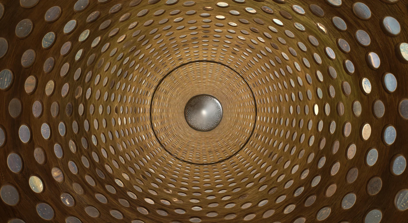 You are standing inside the circulatory infrastructure of a living tree, looking down a hollow lignified cylinder roughly the diameter of a human hair, its amber walls dressed in hundreds of bordered pits arranged with the obsessive regularity of a tiled vault. Each pit is a shallow circular recess only a few micrometres across, its aperture bridged by a translucent membrane ghost that once acted as a pressure-sensitive valve between neighbouring vessels, allowing water to pass under tension while resisting the catastrophic intrusion of air. The vessel around you is dead by design — its cell contents long since autolysed to leave only this secondary wall of lignified cellulose, one of thousands of overlapping pipe segments that together form the xylem conduit system drawing water from root hairs to canopy leaf under negative hydraulic pressure, a column in continuous tension rather than being pushed from below. At the far end of the corridor, that tension has already failed: a single air embolism, convex and mercury-bright, spans the full lumen like a sealed mirror, its surface-tension contact line pinned against the lignin wall in a precise dark ring, halting all further water movement through this segment entirely. The pit gallery behind you is reflected in its curved face in miniature — a hundred tiny circles converging to a point, the whole architecture of cohesion-transport summarized in the distorted image held within a bubble of failure.