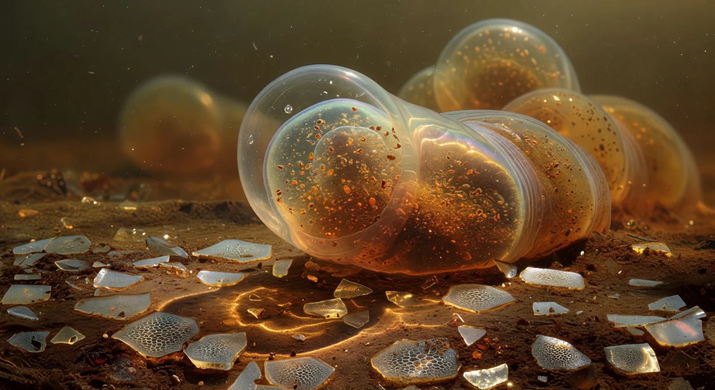 You are pressed against a mosaic of fractured diatom frustules — silica relics whose hexagonal pore arrays and delicate striae refract light into scattered jewels across the dark sediment below — as the advancing pseudopod of *Amoeba proteus* looms overhead like a glacier calving in living glass. The hyaline leading cap is optically pristine ectoplasm, a dome of biological glass whose curvature bends ambient light into warm caustic arcs that sweep across the substrate ahead, while inside the transparent ectoplasmic tube the endoplasm surges forward as a dense, granular river of liquid bronze — food vacuoles the color of smoked honey, mitochondria like scattered copper shards, refractile granules tumbling in the cytoplasmic stream as cytoplasmic streaming, driven by actomyosin networks, propels this single cell forward at rates of 1–10 µm per minute. At the sol-gel boundary where flowing endoplasm converts in real time to the rigid structural wall of the ectoplasm, iridescent interference fringes shimmer in soft lavender and pale gold — a living phase transition made visible, the cytoplasm cycling between liquid sol and solid gel states as the pseudopod simultaneously builds its own walls and advances through them. The entire interior of this one cell is a cathedral of scale: you, the size of a human red blood cell, are dwarfed by a single pseudopodial extension whose mass recedes behind you into a trembling amber mountain of cytoplasm, its far contours dissolving into the warm brown-green haze of pondwater dense with dissolved organics and bacteria drifting in Brownian suspension.