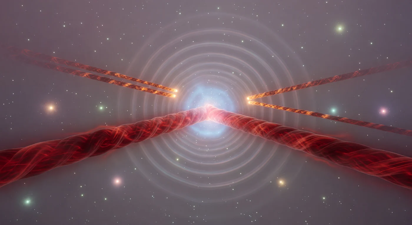 You are hovering inside the chromodynamic substrate of space itself, at the precise instant a flux tube — a rope of compressed color field carrying roughly one GeV of stored energy per femtometer of length — tears open at its midpoint in a spherical nucleation flash, the vacuum surrendering to the unbearable tension by conjuring two new quark-antiquark pairs directly from nothing. This is string breaking, the fundamental mechanism by which QCD confinement enforces its absolute law: rather than allowing color charge to separate freely, the field pours its accumulated energy into fresh matter, sealing each severed end with a new quark and re-establishing confinement on a shorter rope, an act of creation that takes place in roughly 10⁻²³ seconds and cannot, in any thermodynamic sense, be undone. The parent flux tube was not a classical object but a self-organized filament of non-perturbative gluon field, maintained at near-constant diameter by the balance between chromodynamic pressure and the confining vacuum condensate surrounding it, and the concentric iridescent wavefronts now propagating outward are not sound or light but disturbances in that condensate — ripples in broken chiral symmetry, displacing the virtual-pair sea that fills what would otherwise be empty space. The daughter ropes recoil in opposite directions, each anchored by its new quark endpoint into a configuration already racing toward hadronization, while the ambient violet-gray medium continues its ceaseless background flicker of virtual condensation and dissolution, indifferent to the geological rupture that has just reorganized the local topology of color charge.